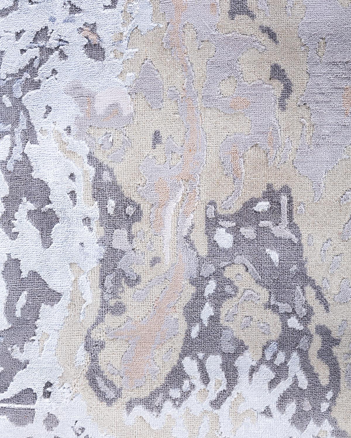 Indiano Tappeto tradizionale Ikat annodato a mano in seta e lana beige 9' 1