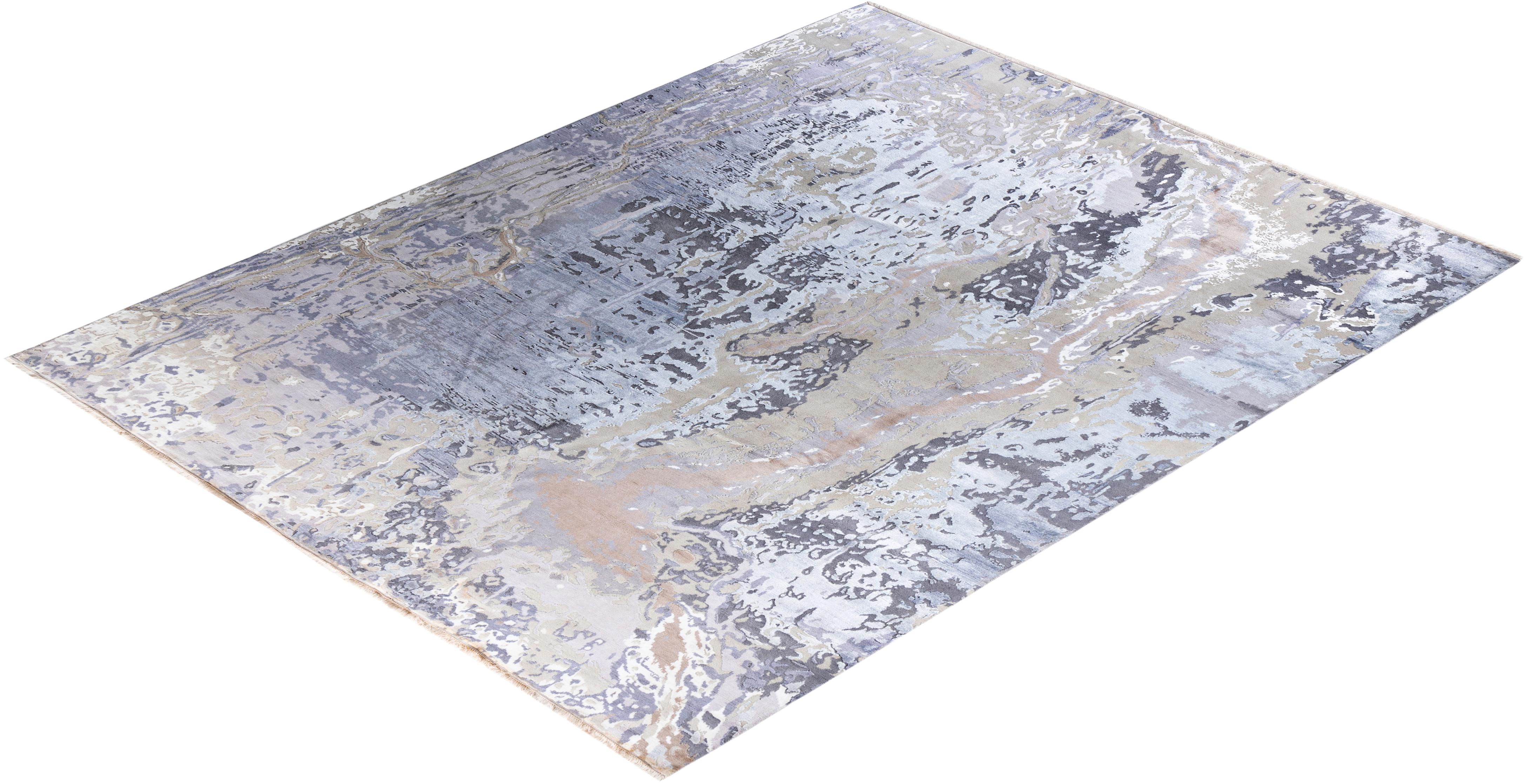 Tappeto tradizionale Ikat annodato a mano in seta e lana beige 9' 1