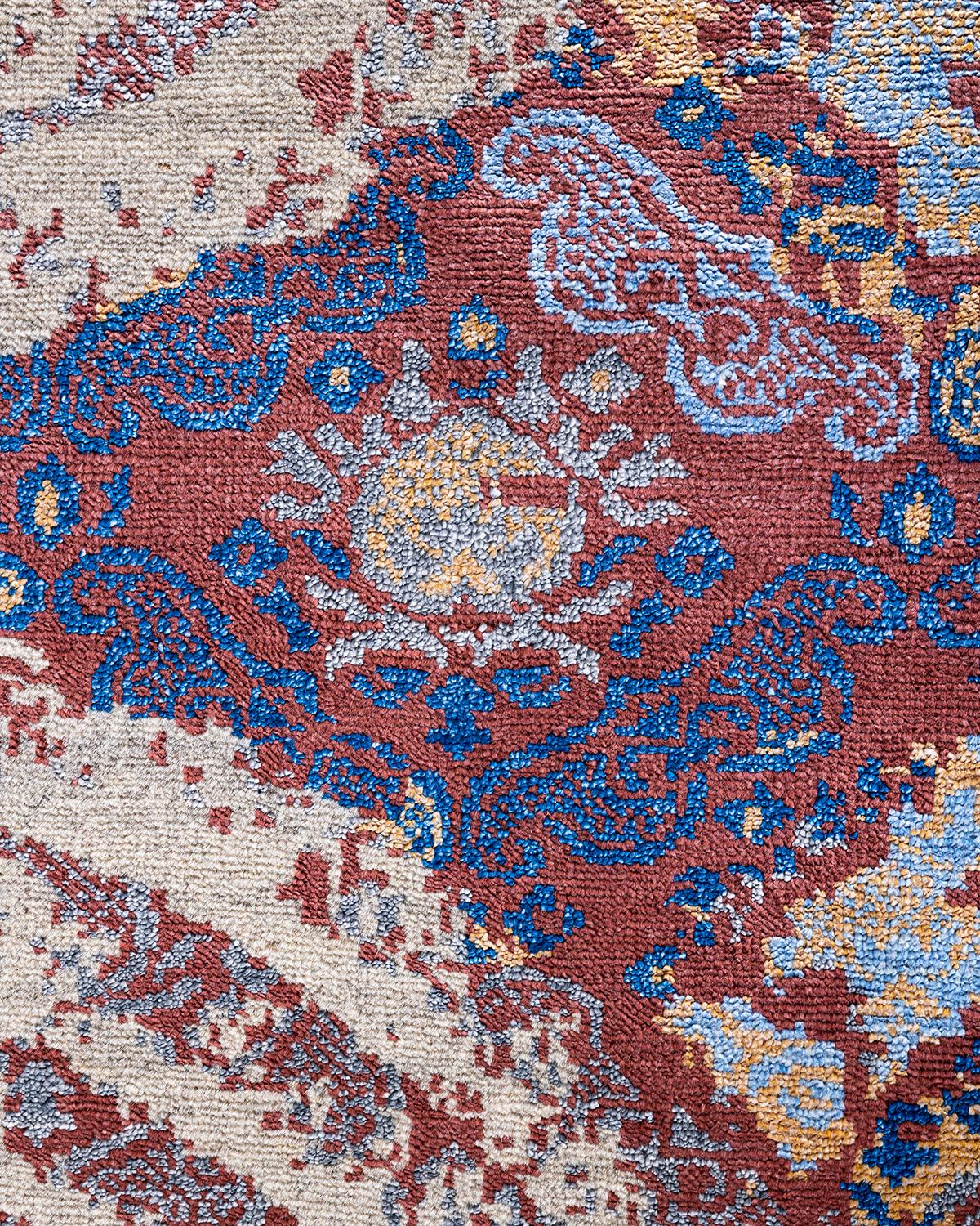 Traditioneller handgeknüpfter abstrakter Ikat-Teppich aus Seide und Wolle in Beige 9' 3