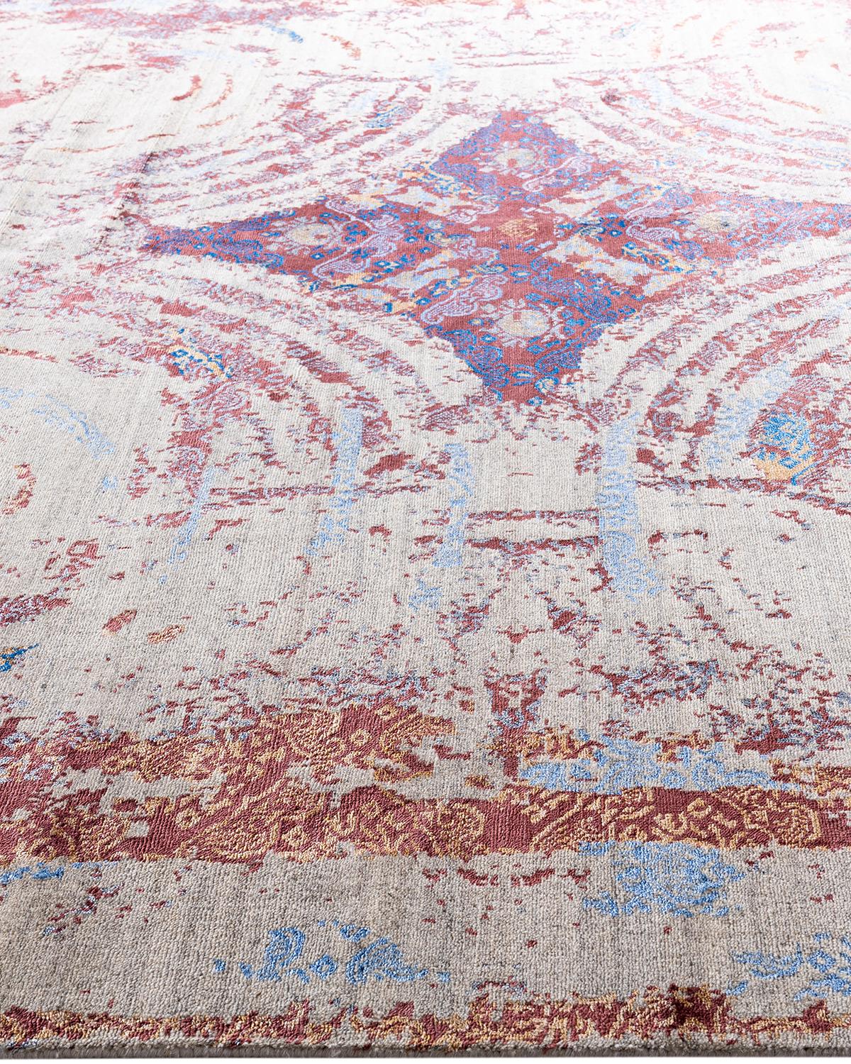 Traditioneller handgeknüpfter abstrakter Ikat-Teppich aus Seide und Wolle in Beige 9' 3