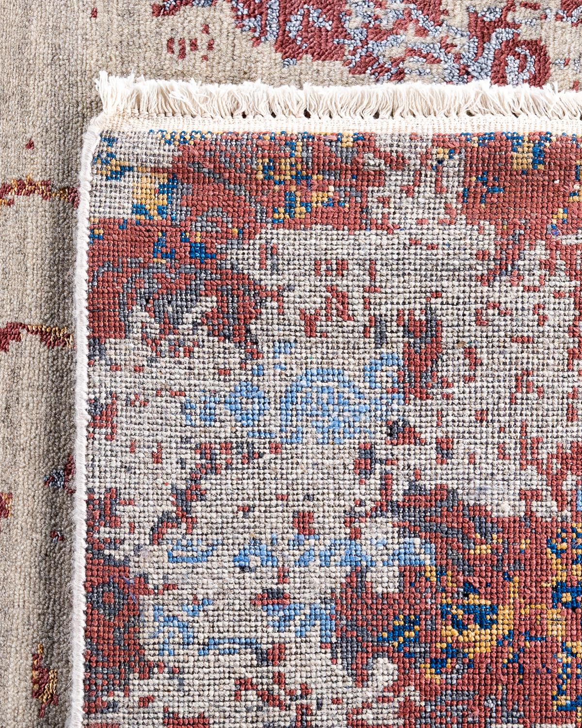 Traditioneller handgeknüpfter abstrakter Ikat-Teppich aus Seide und Wolle in Beige 9' 3