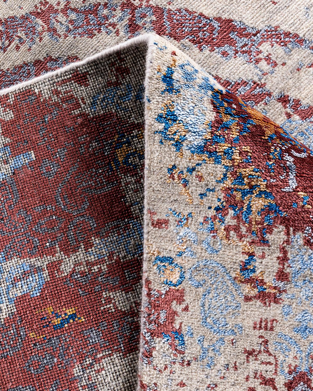 Traditioneller handgeknüpfter abstrakter Ikat-Teppich aus Seide und Wolle in Beige 9' 3