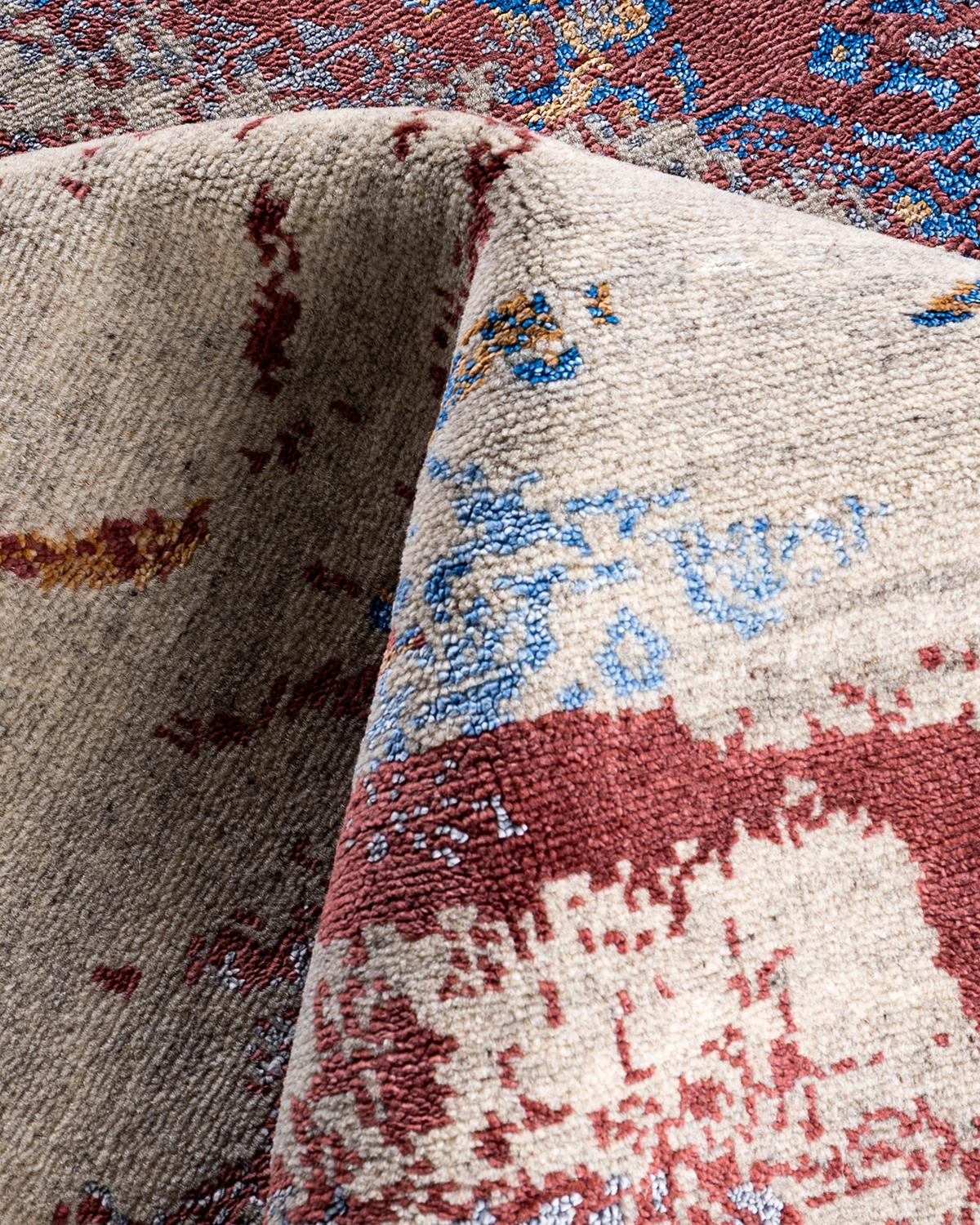 Traditioneller handgeknüpfter abstrakter Ikat-Teppich aus Seide und Wolle in Beige 9' 3