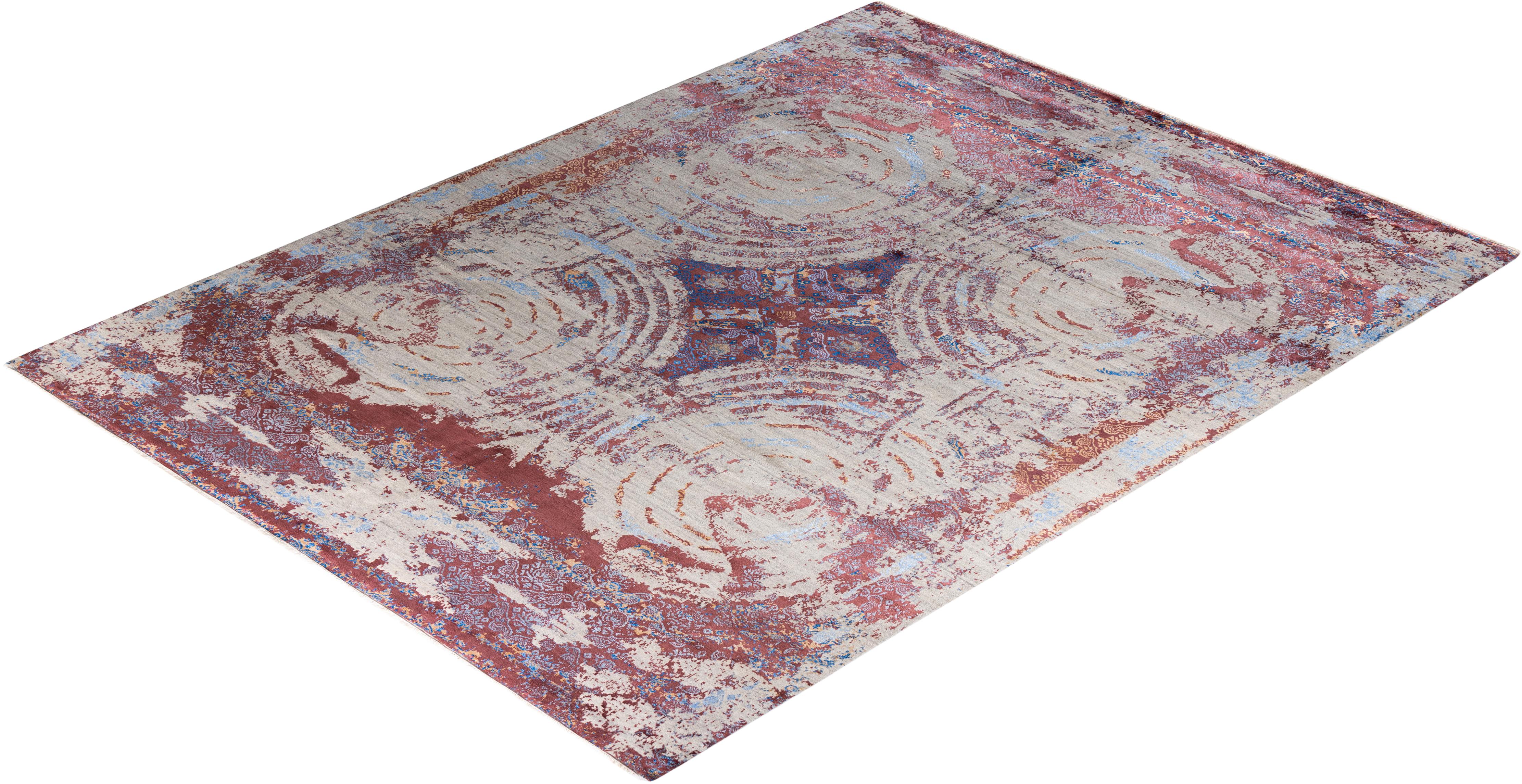 Traditioneller handgeknüpfter abstrakter Ikat-Teppich aus Seide und Wolle in Beige 9' 3
