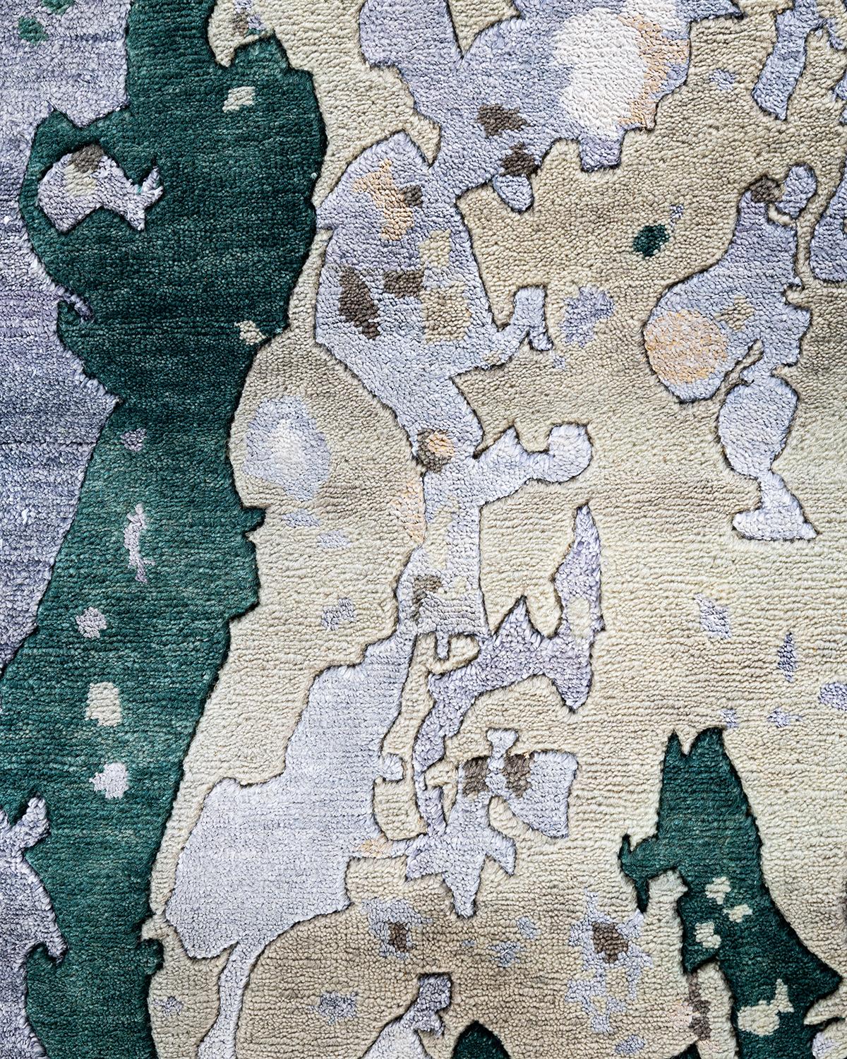 Alfombra Ikat Tradicional Anudada a Mano Abstracta de Seda y Lana Negra 8' 0