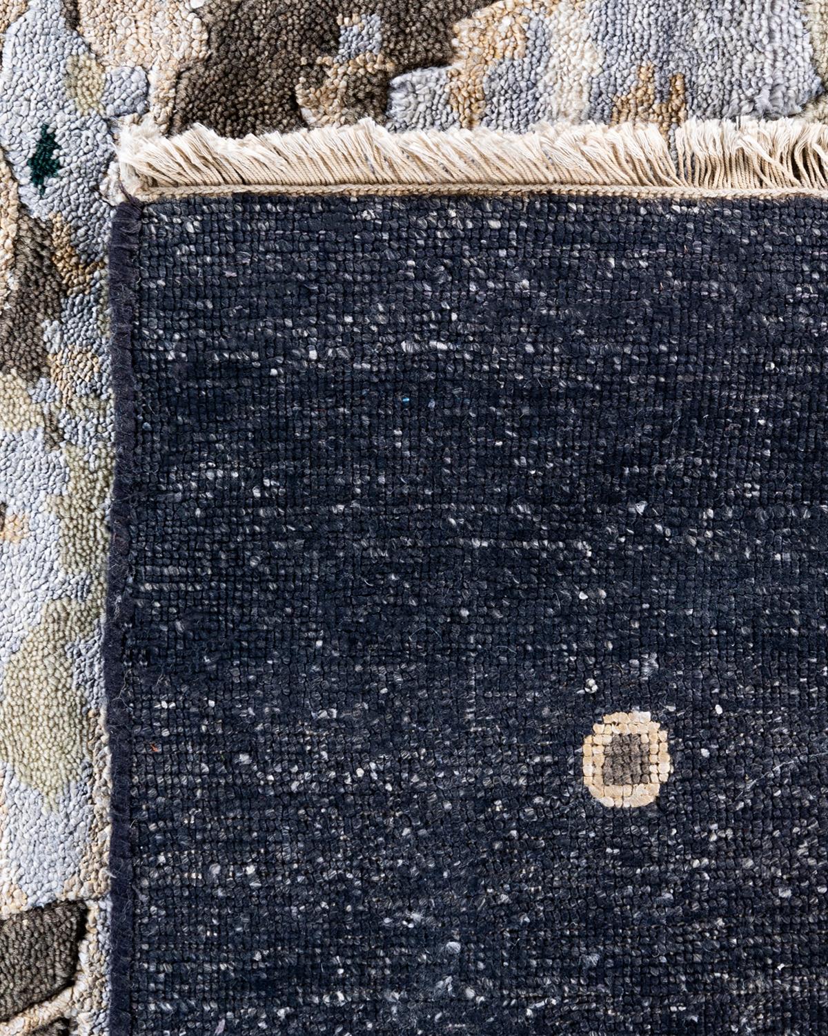 Alfombra Ikat Tradicional Anudada a Mano Abstracta de Seda y Lana Negra 8' 0