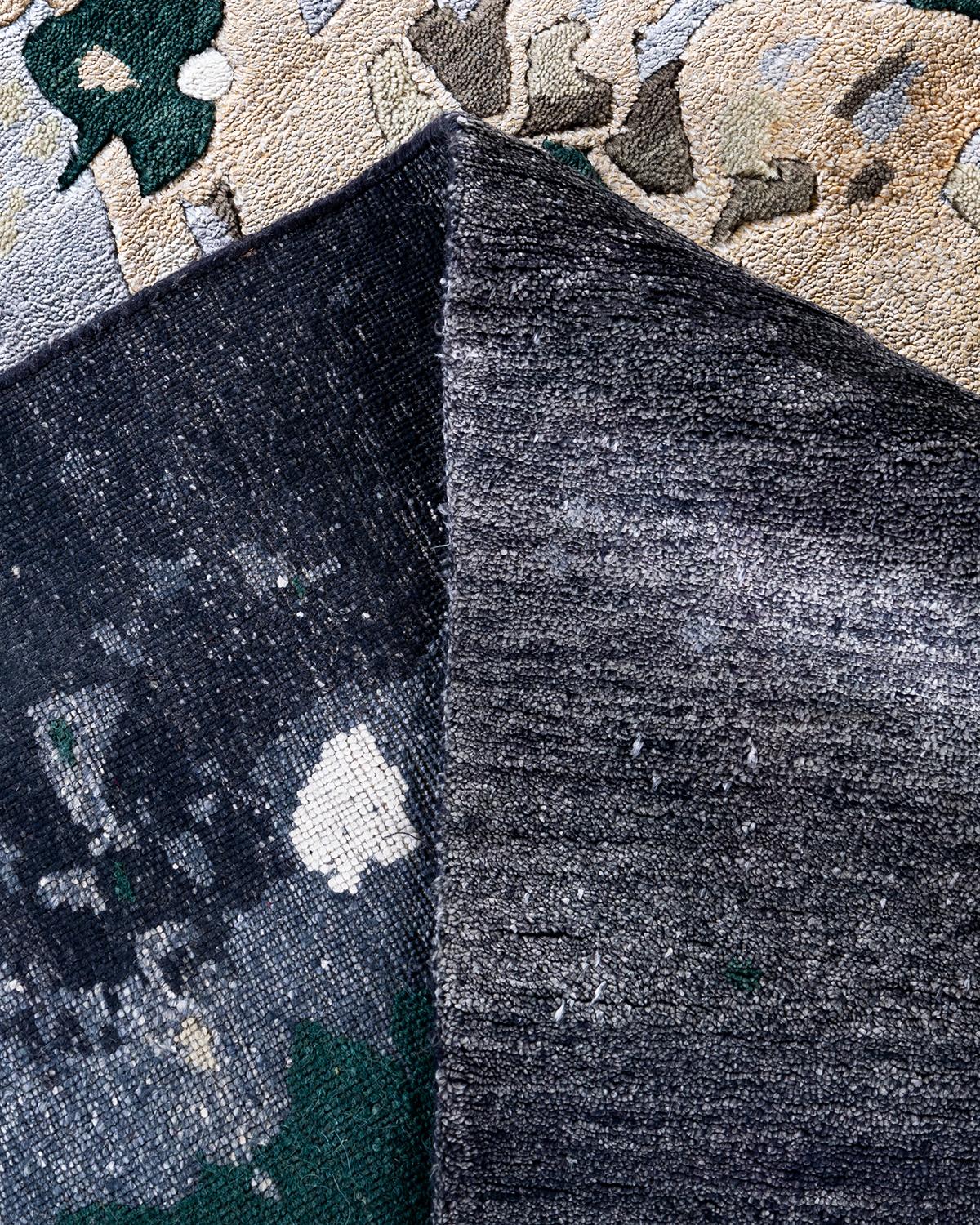 Alfombra Ikat Tradicional Anudada a Mano Abstracta de Seda y Lana Negra 8' 0