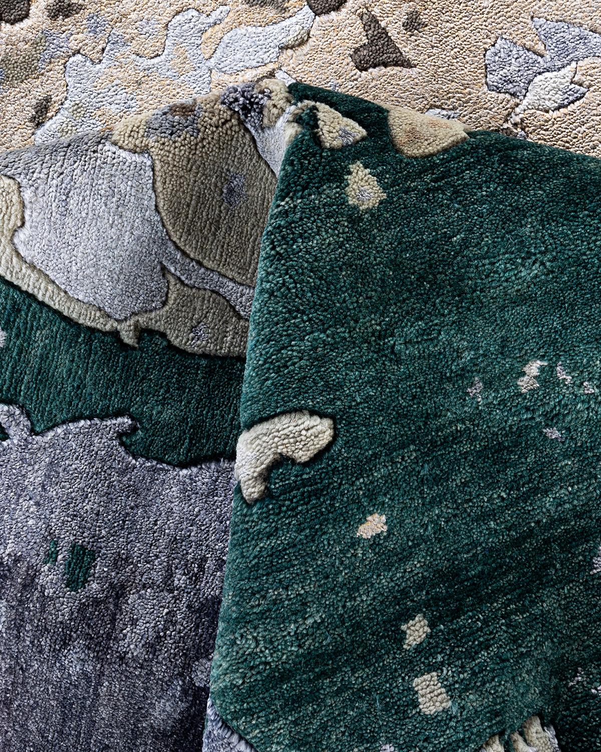 Alfombra Ikat Tradicional Anudada a Mano Abstracta de Seda y Lana Negra 8' 0