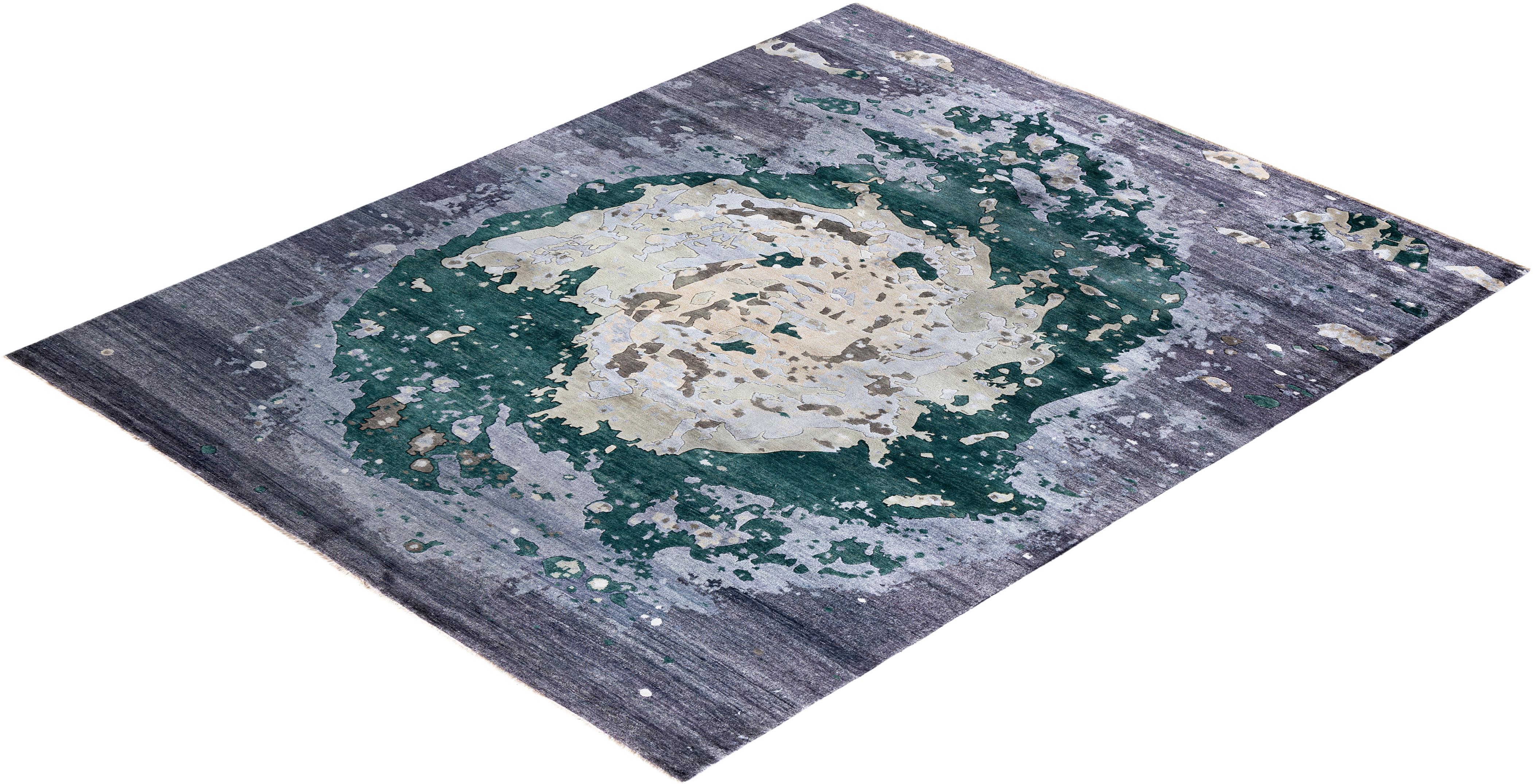 Alfombra Ikat Tradicional Anudada a Mano Abstracta de Seda y Lana Negra 8' 0