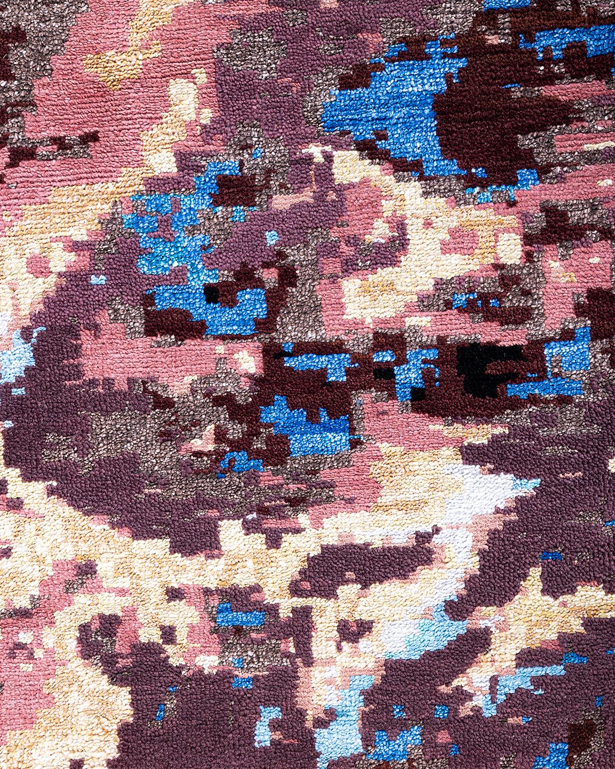 Indien Tapis traditionnel Ikat abstrait noué à la main en soie et laine noire 8' 1