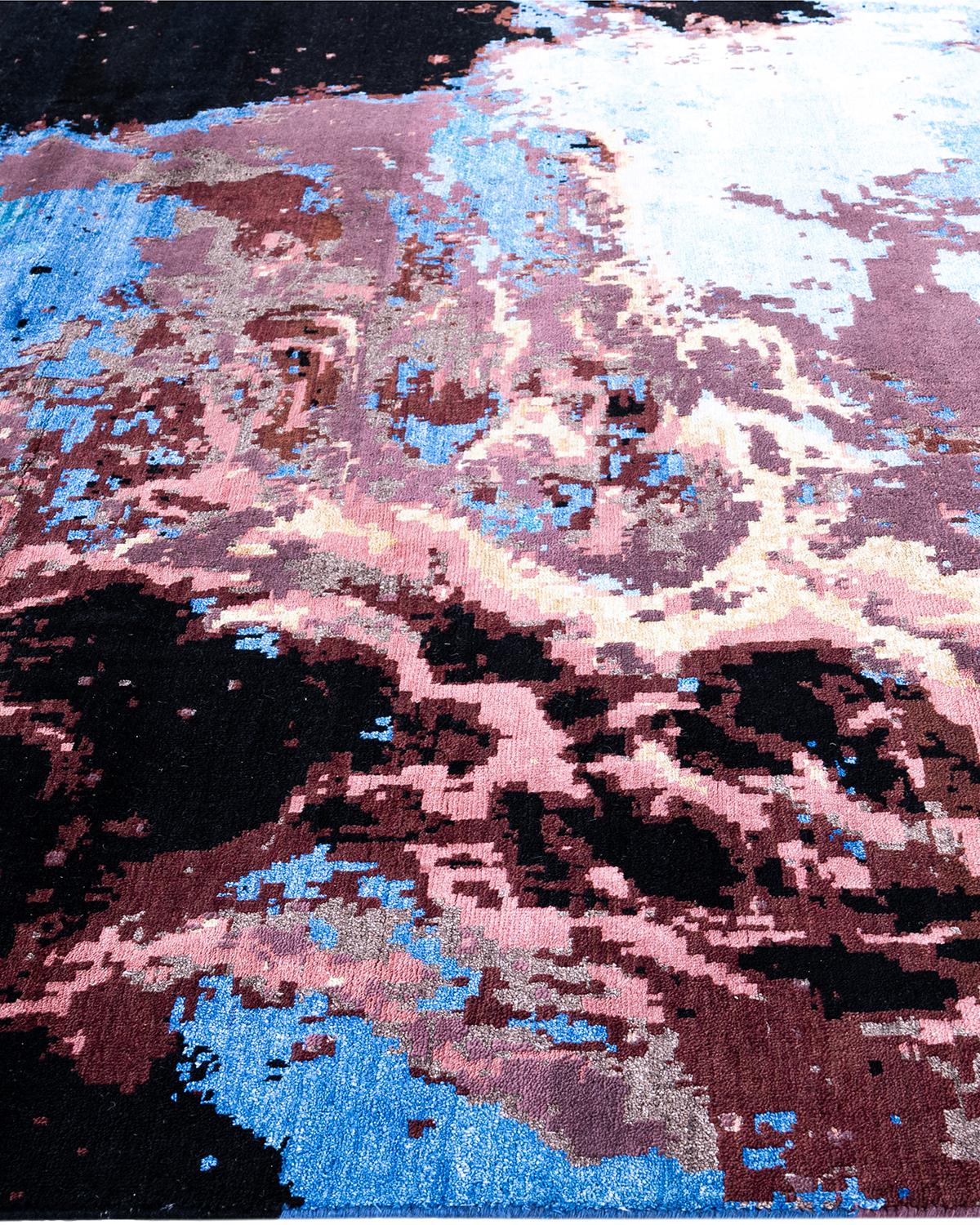 Noué à la main Tapis traditionnel Ikat abstrait noué à la main en soie et laine noire 8' 1