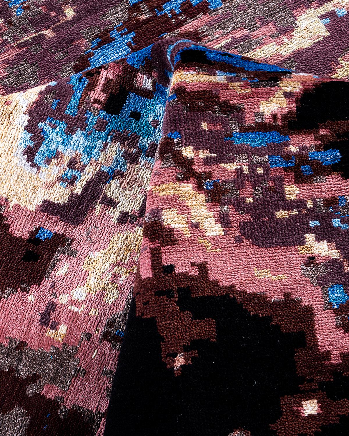 Laine Tapis traditionnel Ikat abstrait noué à la main en soie et laine noire 8' 1