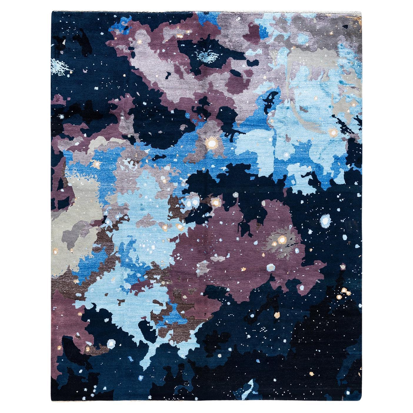 Traditional Ikat Hand Knotted Abstract Silk & Wool Black Area Rug 8' 2" x 10' 2"