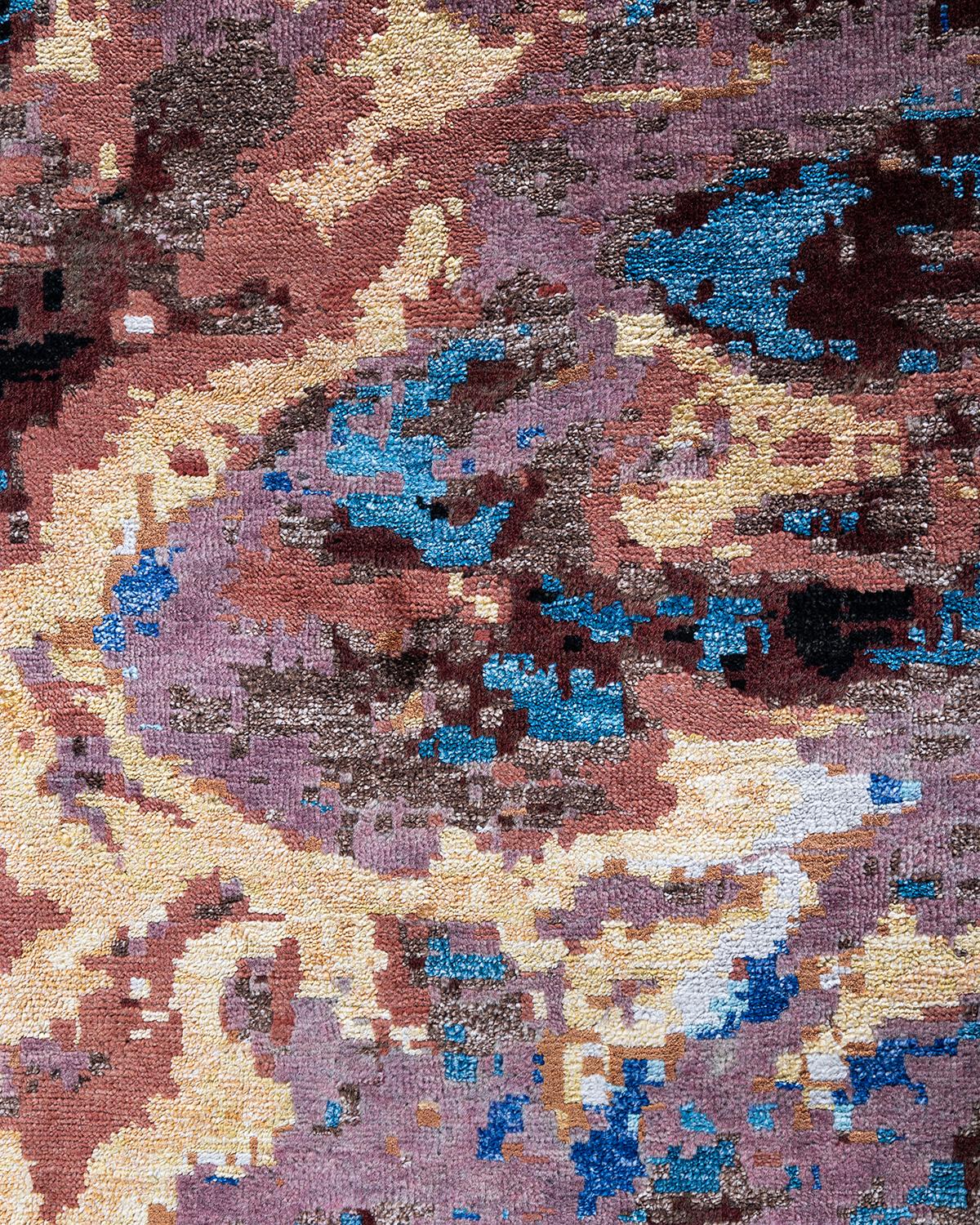 Traditioneller handgeknüpfter abstrakter Ikat-Teppich aus Seide und Wolle in Schwarz 9' 1