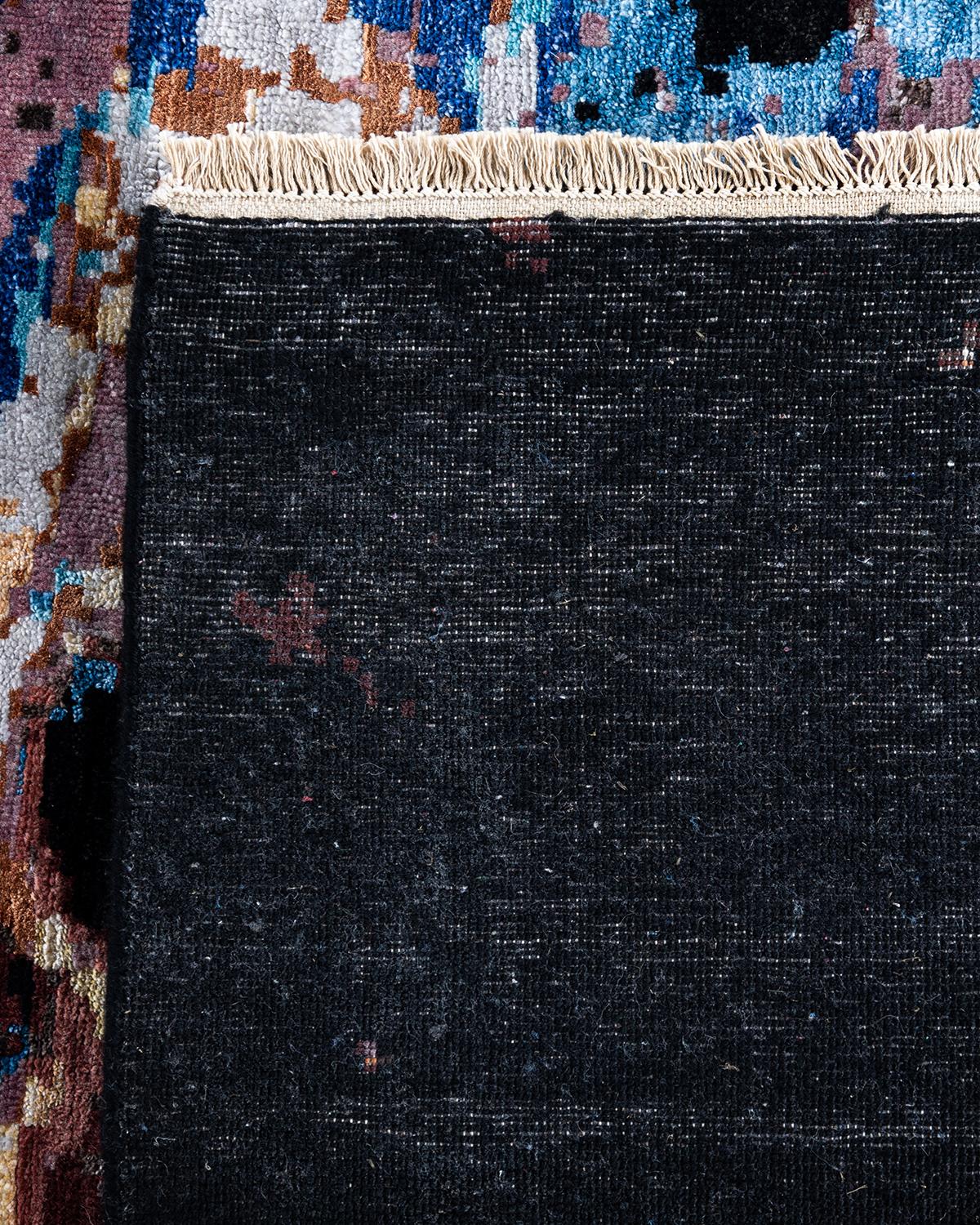 Traditioneller handgeknüpfter abstrakter Ikat-Teppich aus Seide und Wolle in Schwarz 9' 1