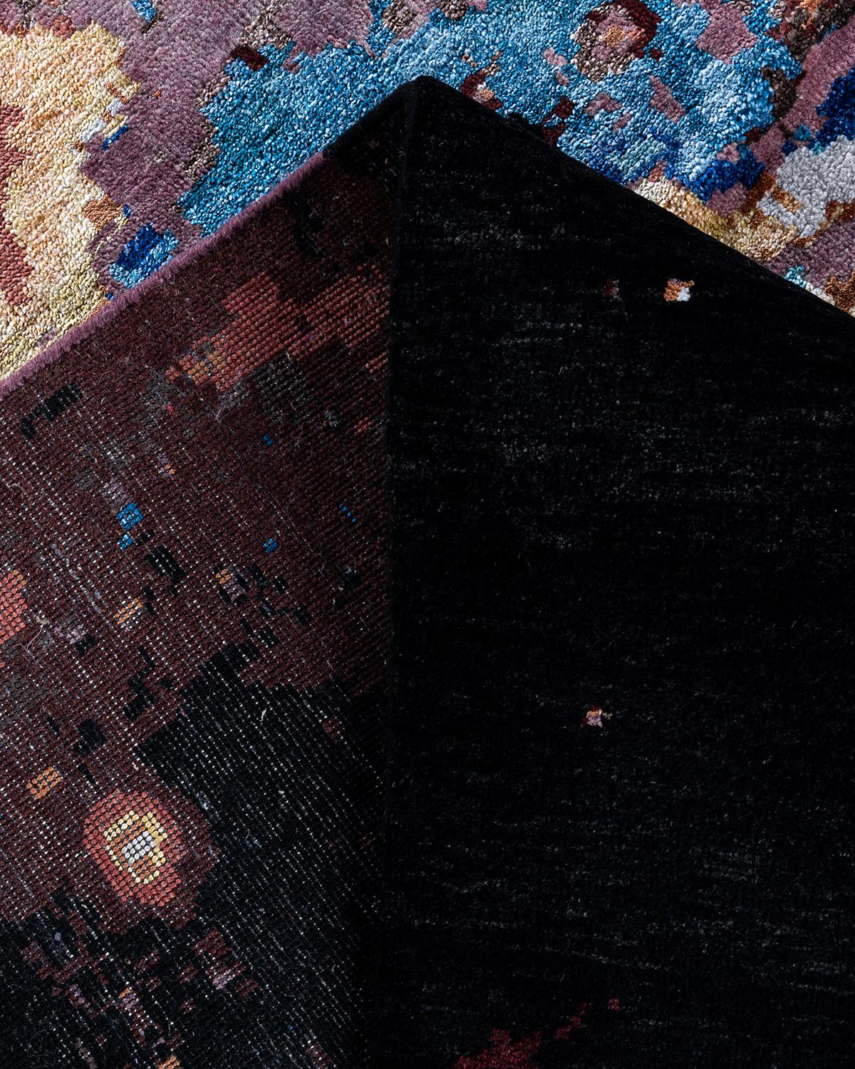 Traditioneller handgeknüpfter abstrakter Ikat-Teppich aus Seide und Wolle in Schwarz 9' 1