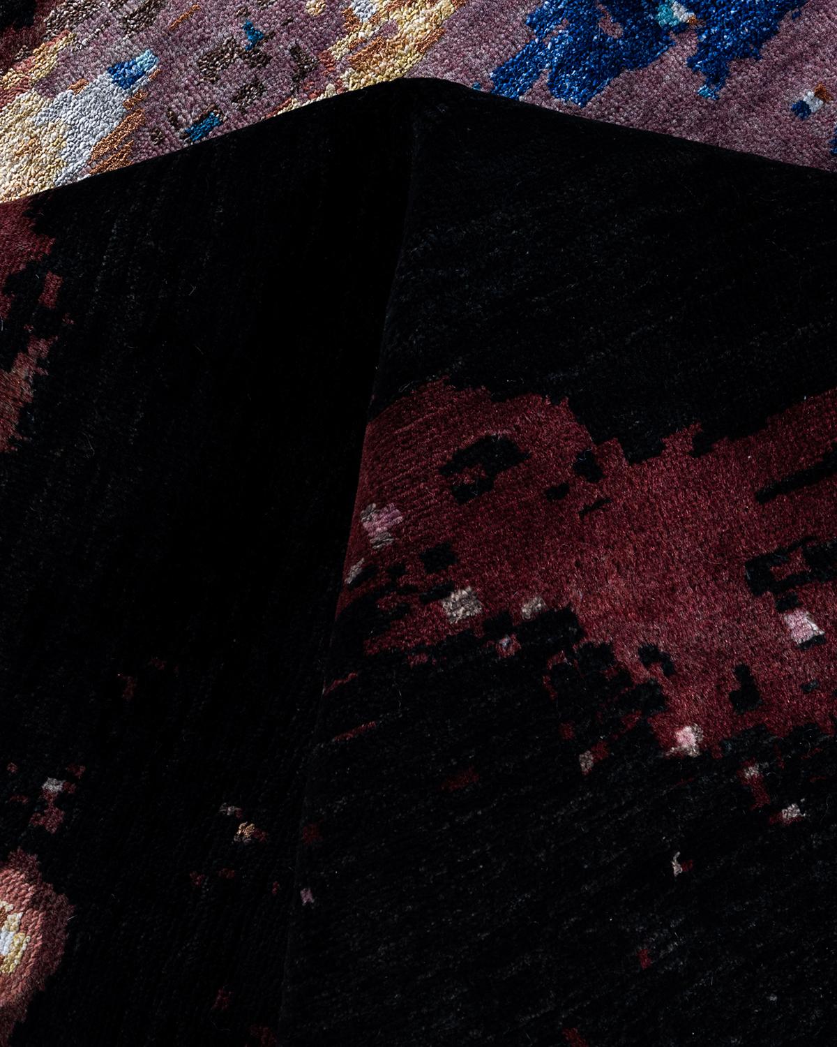 Traditioneller handgeknüpfter abstrakter Ikat-Teppich aus Seide und Wolle in Schwarz 9' 1