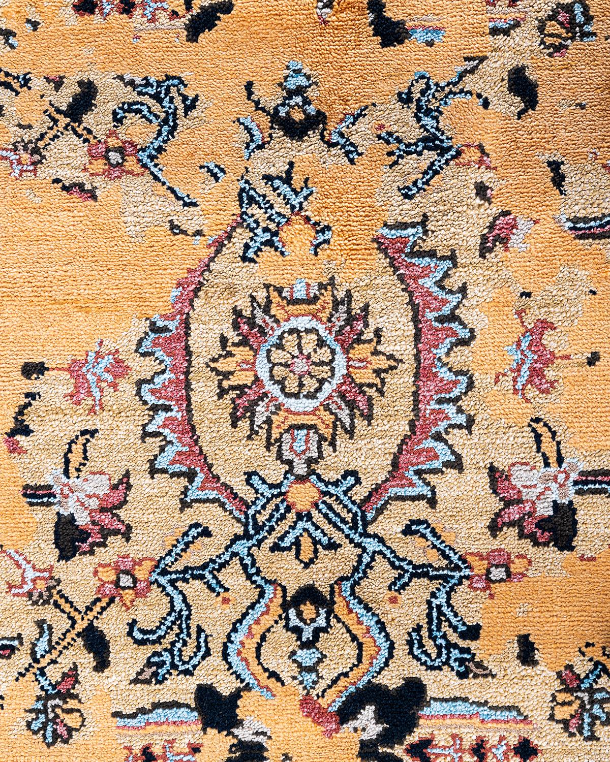 Traditioneller handgeknüpfter abstrakter Ikat-Teppich aus Seide und Wolle in Schwarz 9' 2