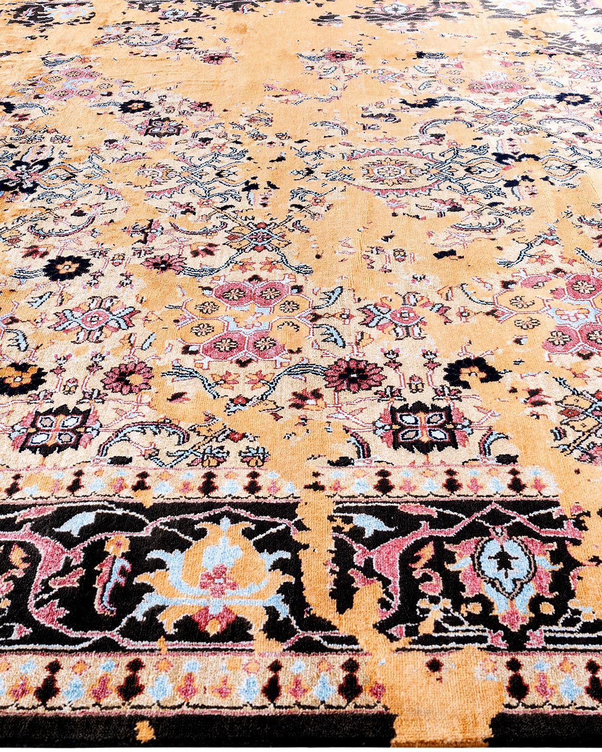 Traditioneller handgeknüpfter abstrakter Ikat-Teppich aus Seide und Wolle in Schwarz 9' 2