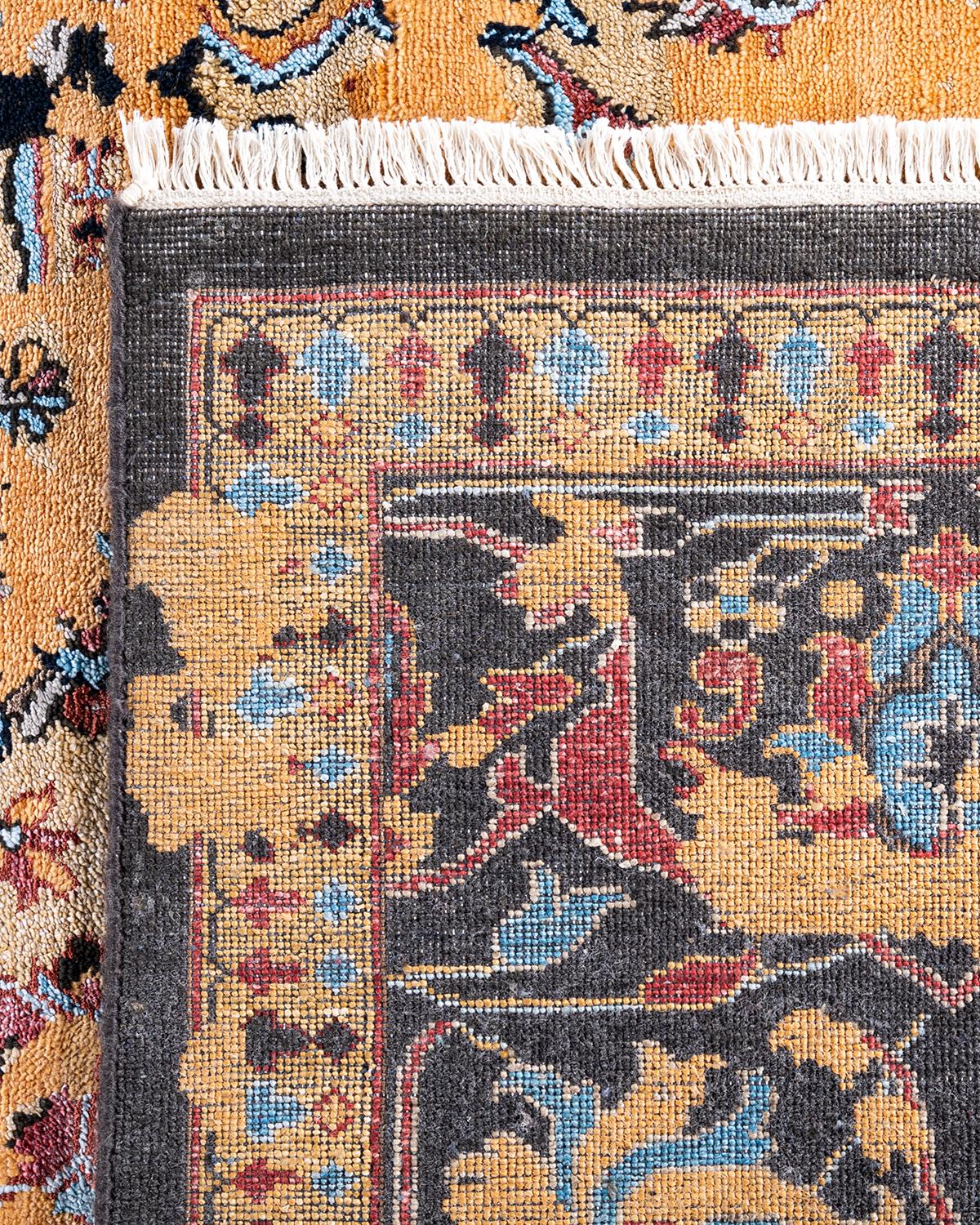 Traditioneller handgeknüpfter abstrakter Ikat-Teppich aus Seide und Wolle in Schwarz 9' 2