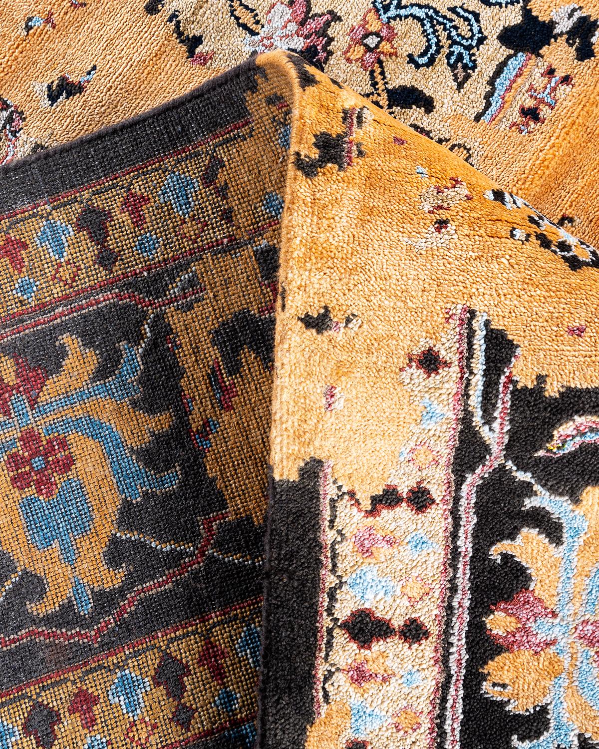 Traditioneller handgeknüpfter abstrakter Ikat-Teppich aus Seide und Wolle in Schwarz 9' 2