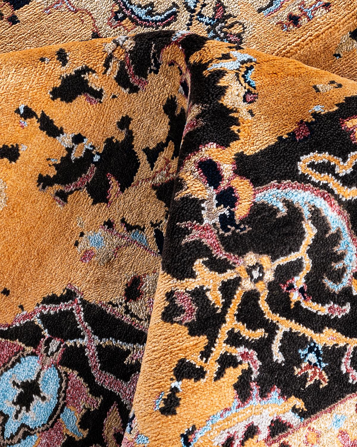 Traditioneller handgeknüpfter abstrakter Ikat-Teppich aus Seide und Wolle in Schwarz 9' 2