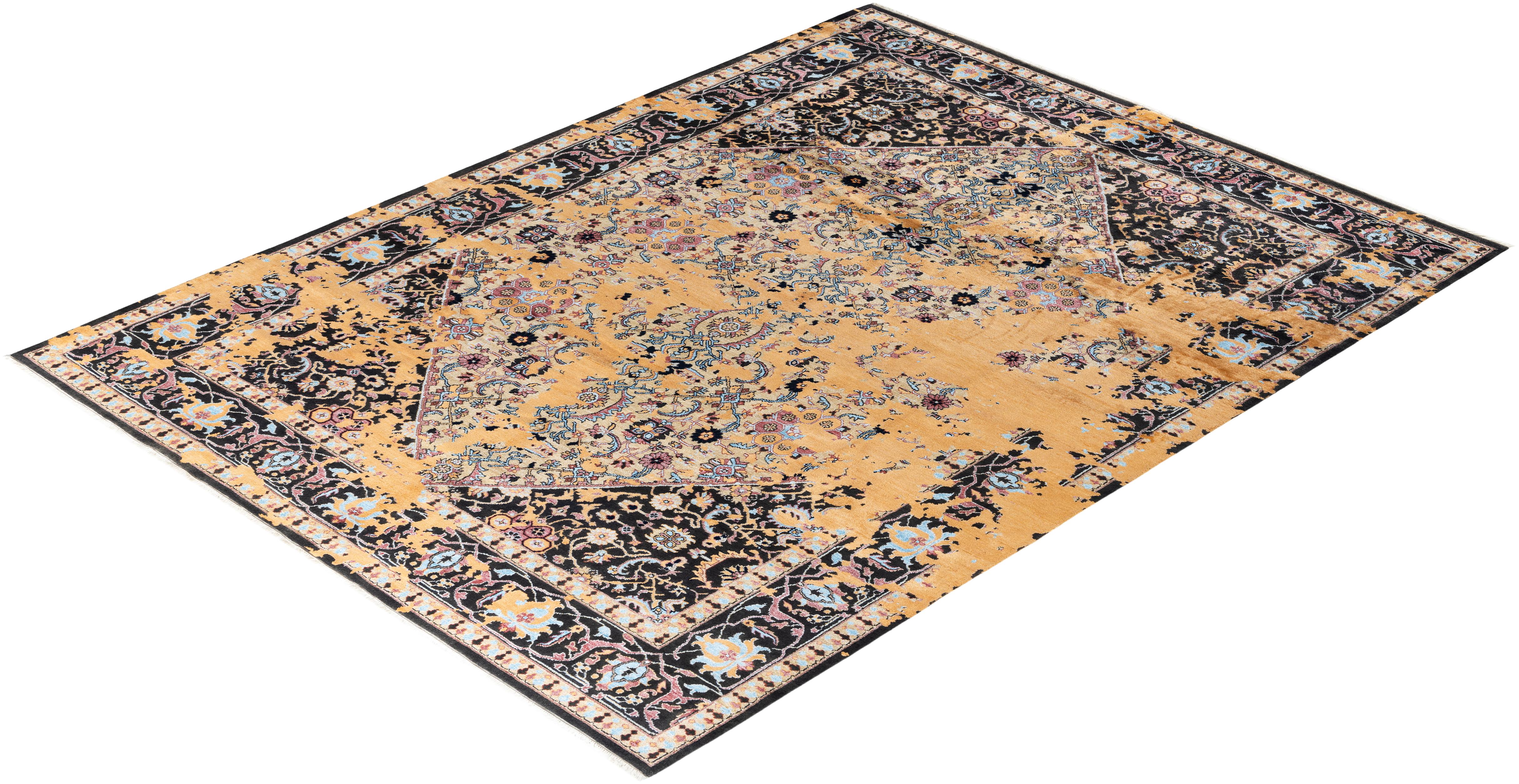 Traditioneller handgeknüpfter abstrakter Ikat-Teppich aus Seide und Wolle in Schwarz 9' 2