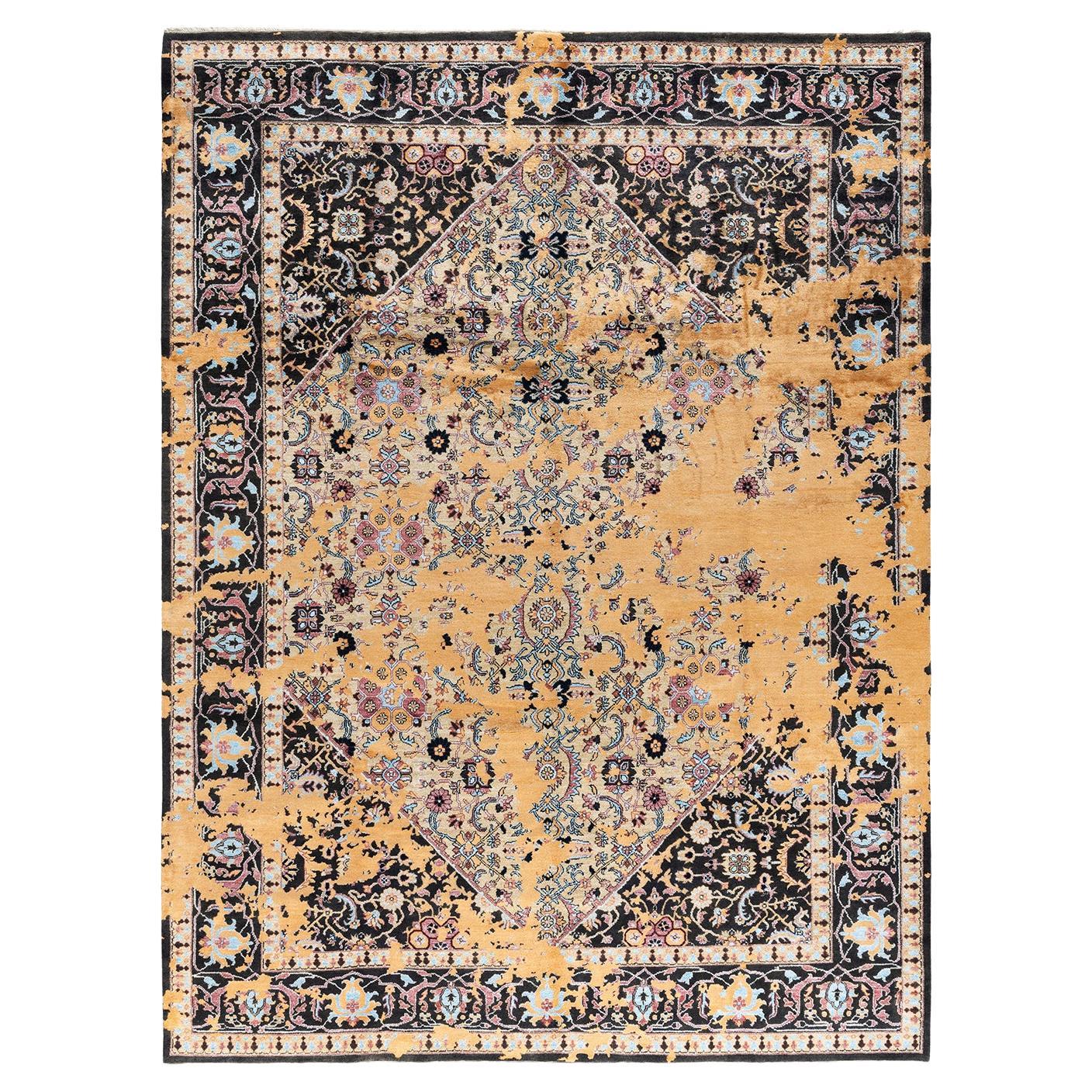 Traditional Ikat Hand Knotted Abstract Silk & Wool Black Area Rug 9' 2" x 12' 3"