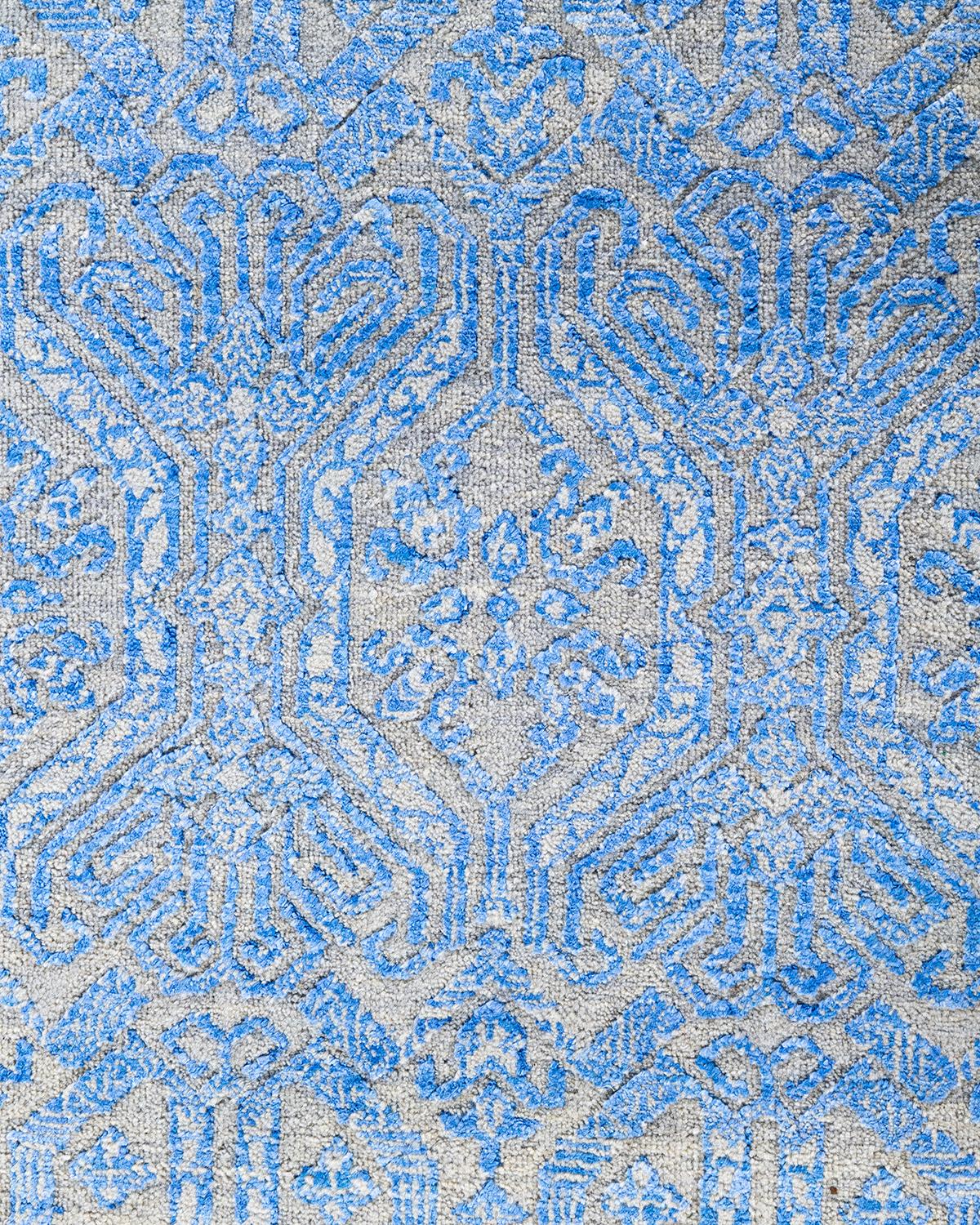 Indiano Tappeto tradizionale Ikat annodato a mano in seta e lana blu 8' 0