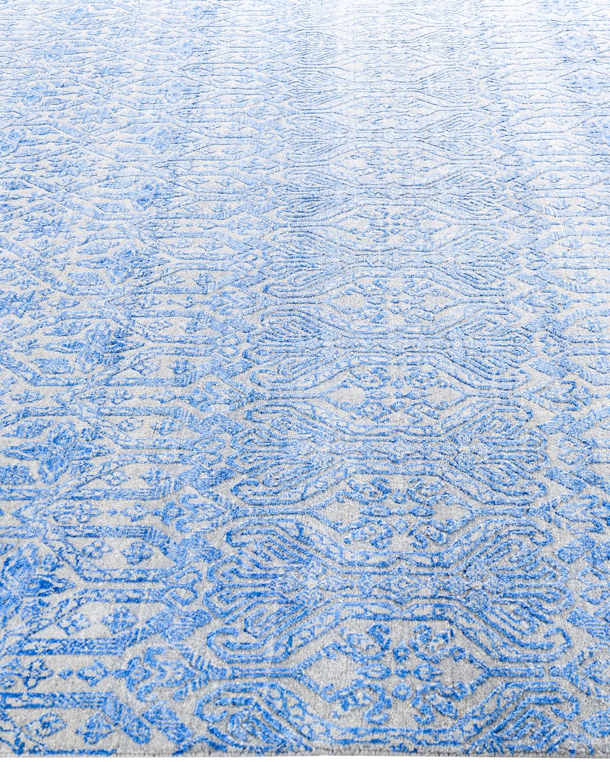 Annodato a mano Tappeto tradizionale Ikat annodato a mano in seta e lana blu 8' 0