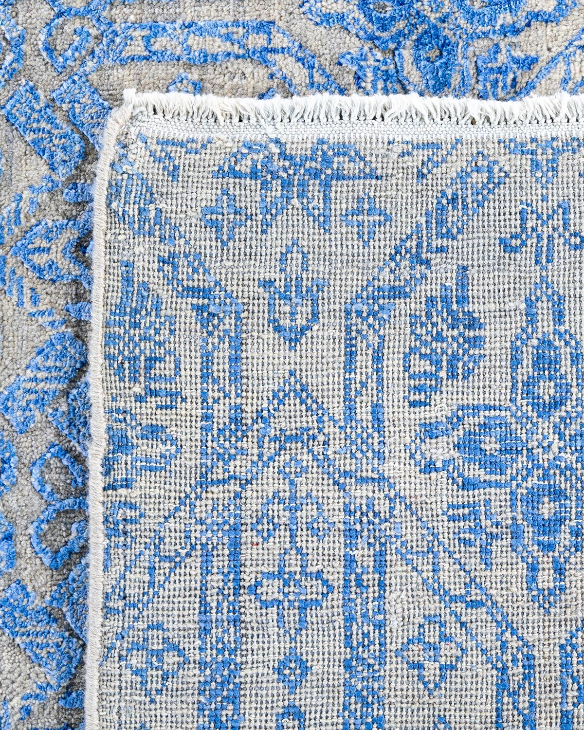 Tappeto tradizionale Ikat annodato a mano in seta e lana blu 8' 0