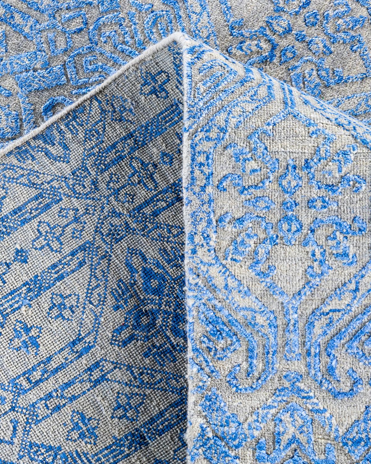 XXI secolo e contemporaneo Tappeto tradizionale Ikat annodato a mano in seta e lana blu 8' 0