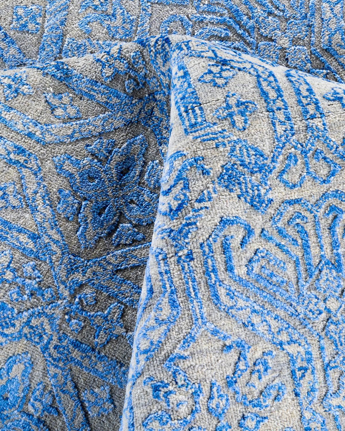 Lana Tappeto tradizionale Ikat annodato a mano in seta e lana blu 8' 0