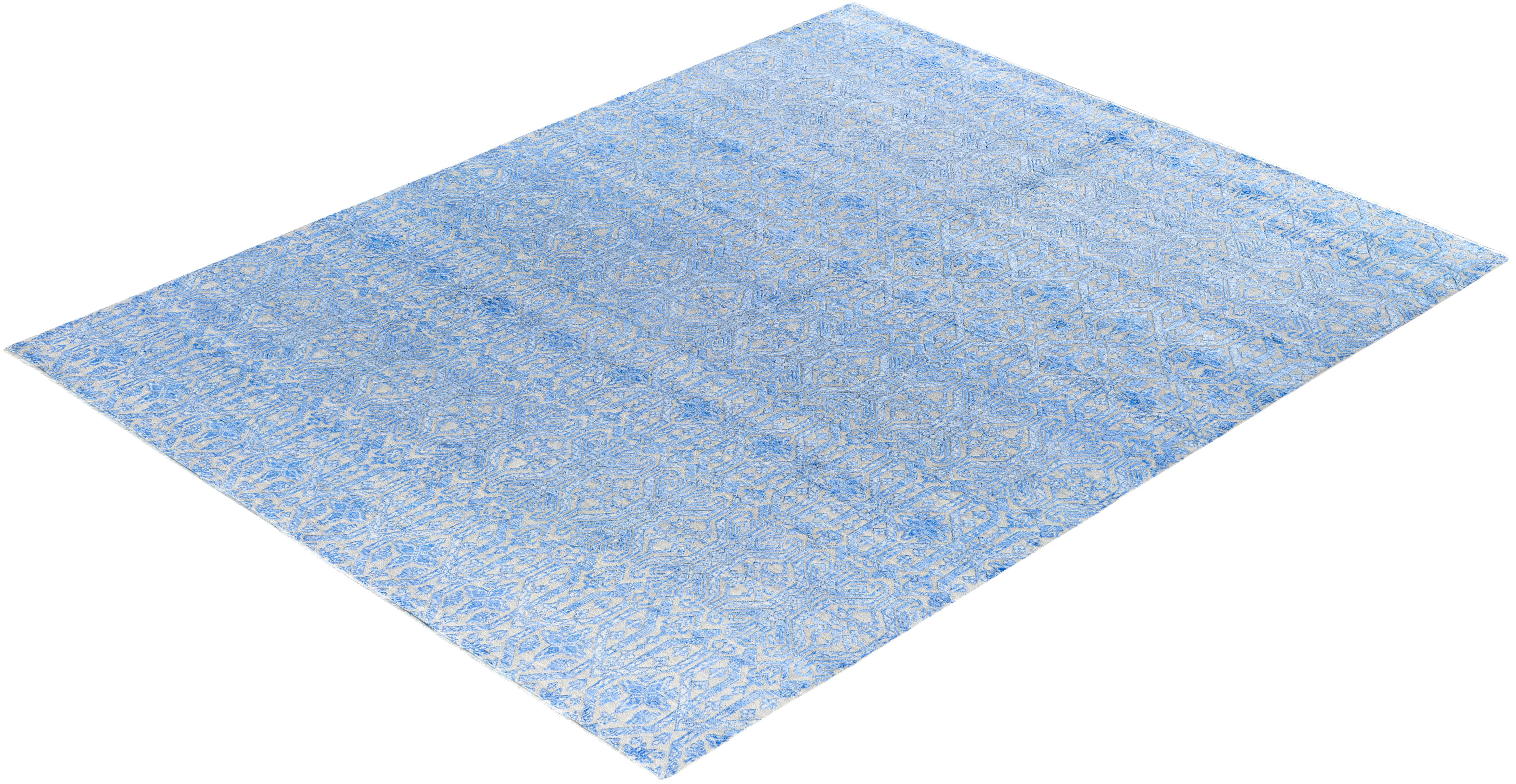 Tappeto tradizionale Ikat annodato a mano in seta e lana blu 8' 0