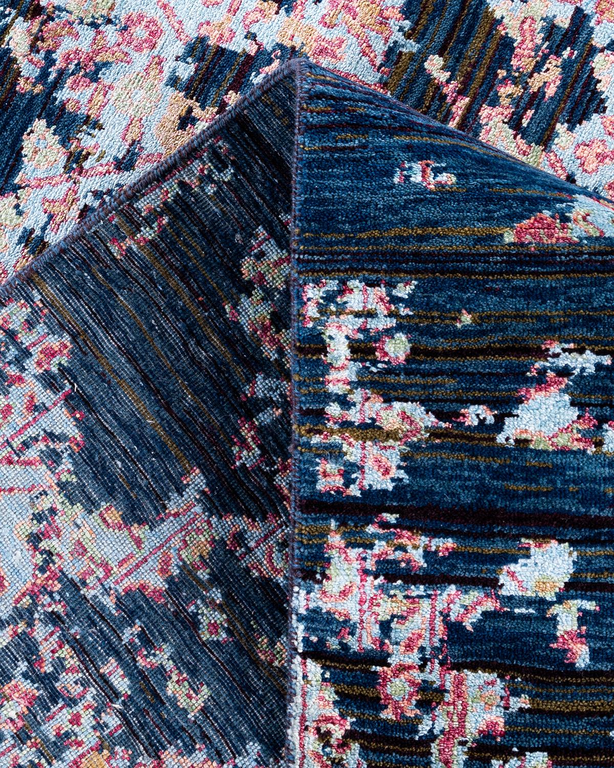 Contemporary Traditional Ikat Hand Knotted Abstract Silk & Wool Blue Area Rug 8' 1