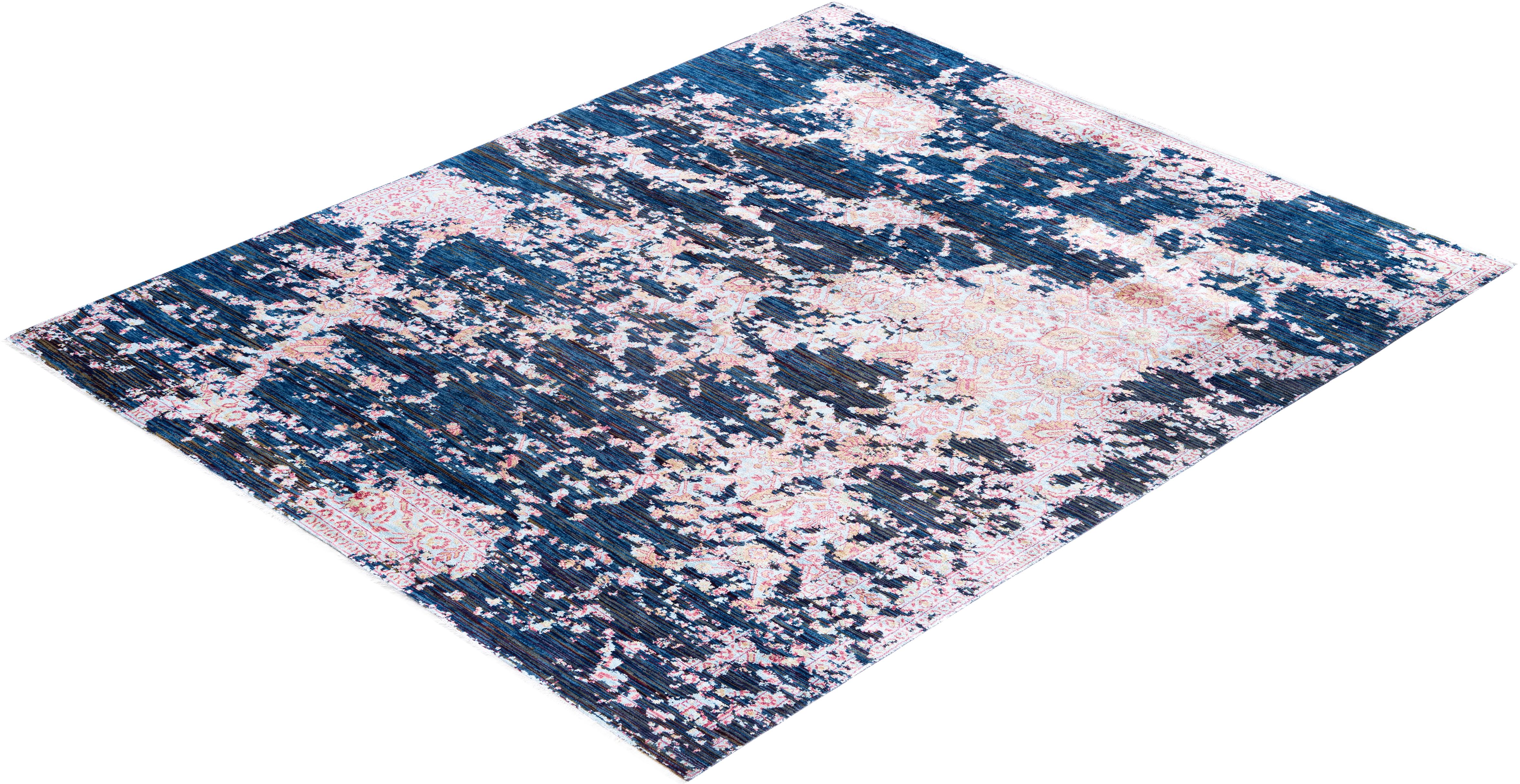 Traditional Ikat Hand Knotted Abstract Silk & Wool Blue Area Rug 8' 1