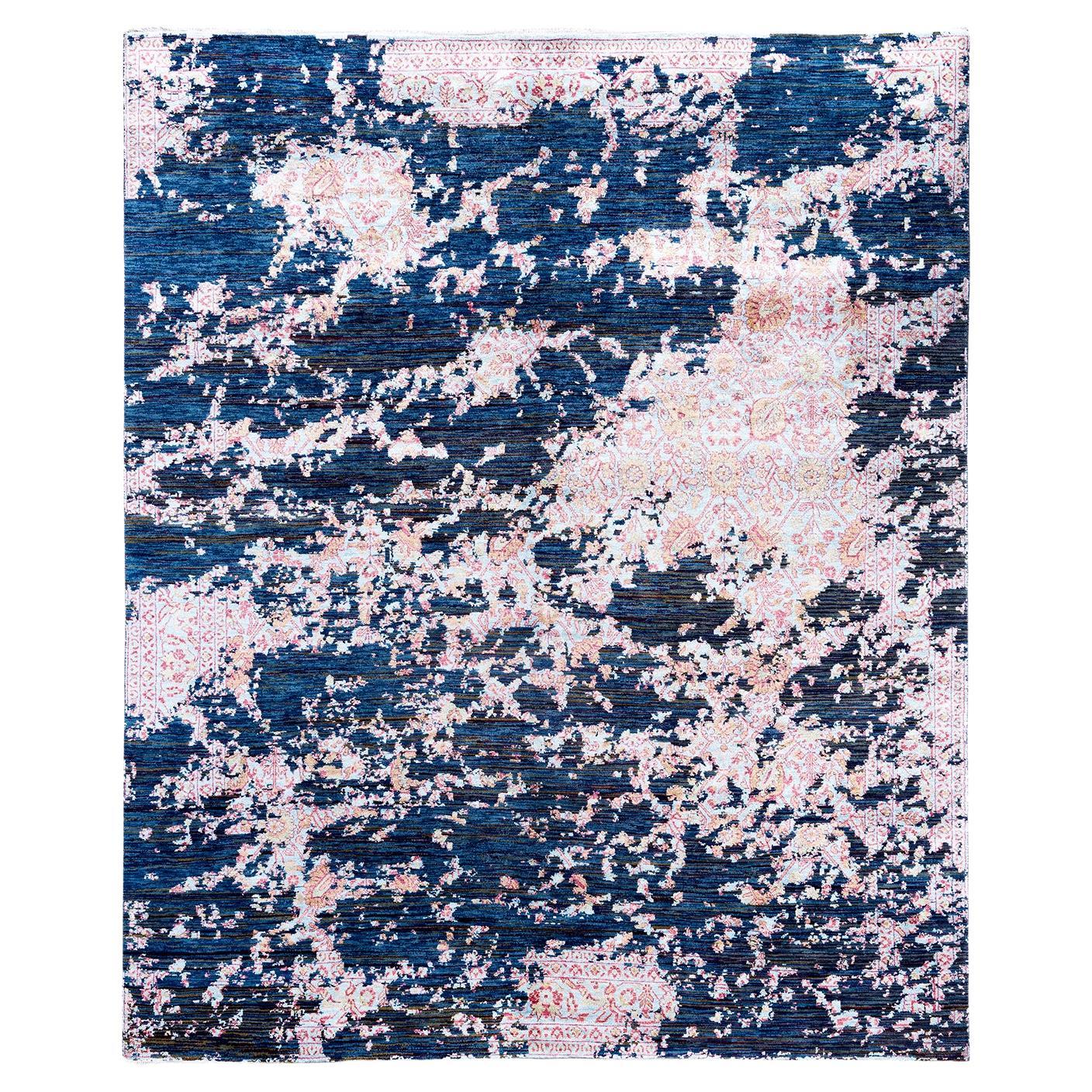 Traditional Ikat Hand Knotted Abstract Silk & Wool Blue Area Rug 8' 1" x 9' 10"