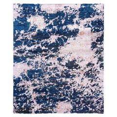 Tapis traditionnel Ikat abstrait noué à la main en soie et laine bleue 8' 1" x 9' 10"