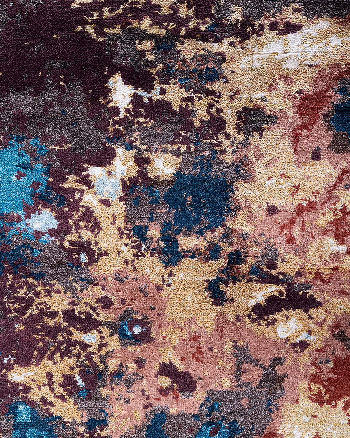 Indiano Tappeto tradizionale Ikat annodato a mano in seta e lana blu 8' 2