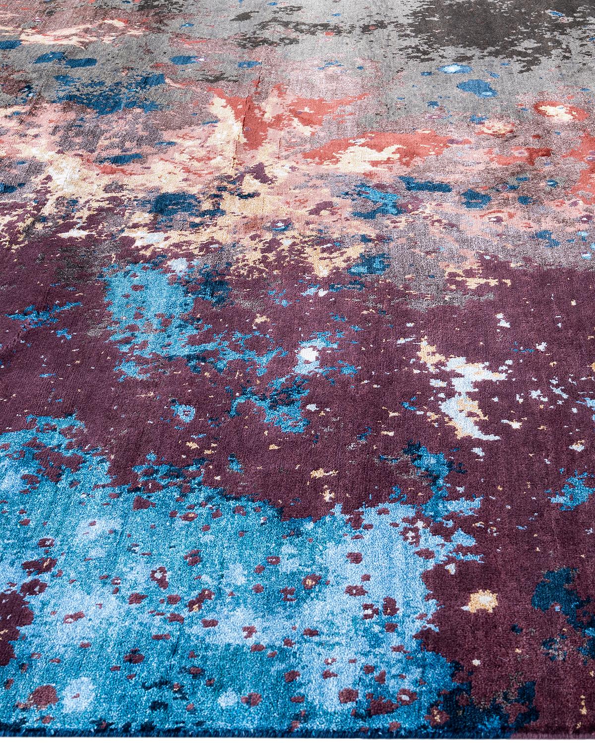 Annodato a mano Tappeto tradizionale Ikat annodato a mano in seta e lana blu 8' 2
