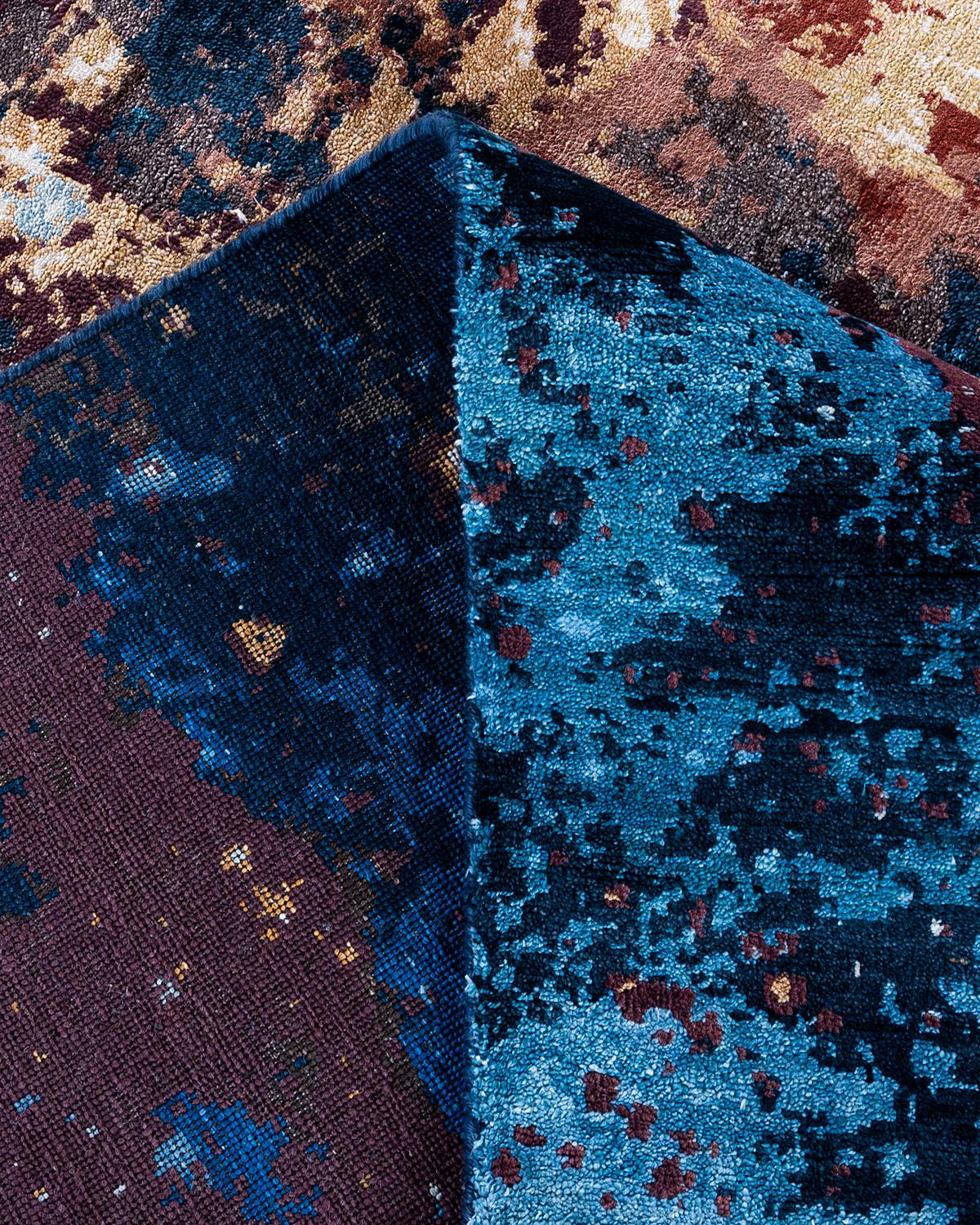 XXI secolo e contemporaneo Tappeto tradizionale Ikat annodato a mano in seta e lana blu 8' 2