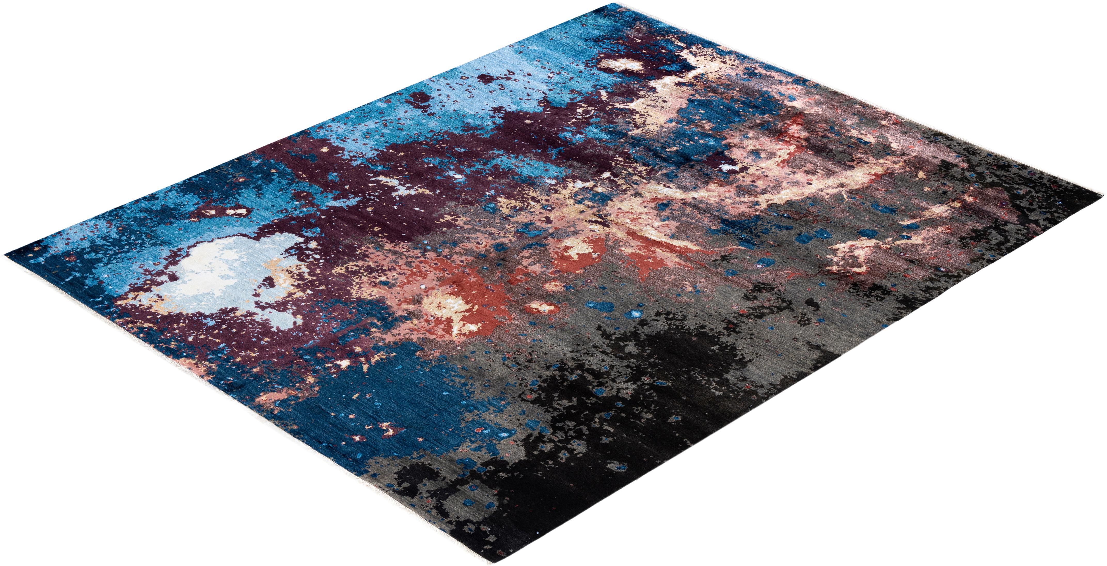 Tappeto tradizionale Ikat annodato a mano in seta e lana blu 8' 2