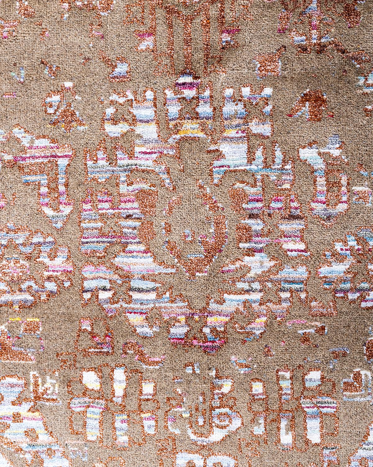 Alfombra Ikat Tradicional Anudada a Mano Abstracta de Seda y Lana Marrón 8' 0