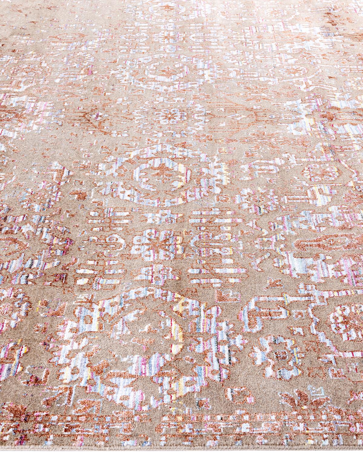 Alfombra Ikat Tradicional Anudada a Mano Abstracta de Seda y Lana Marrón 8' 0
