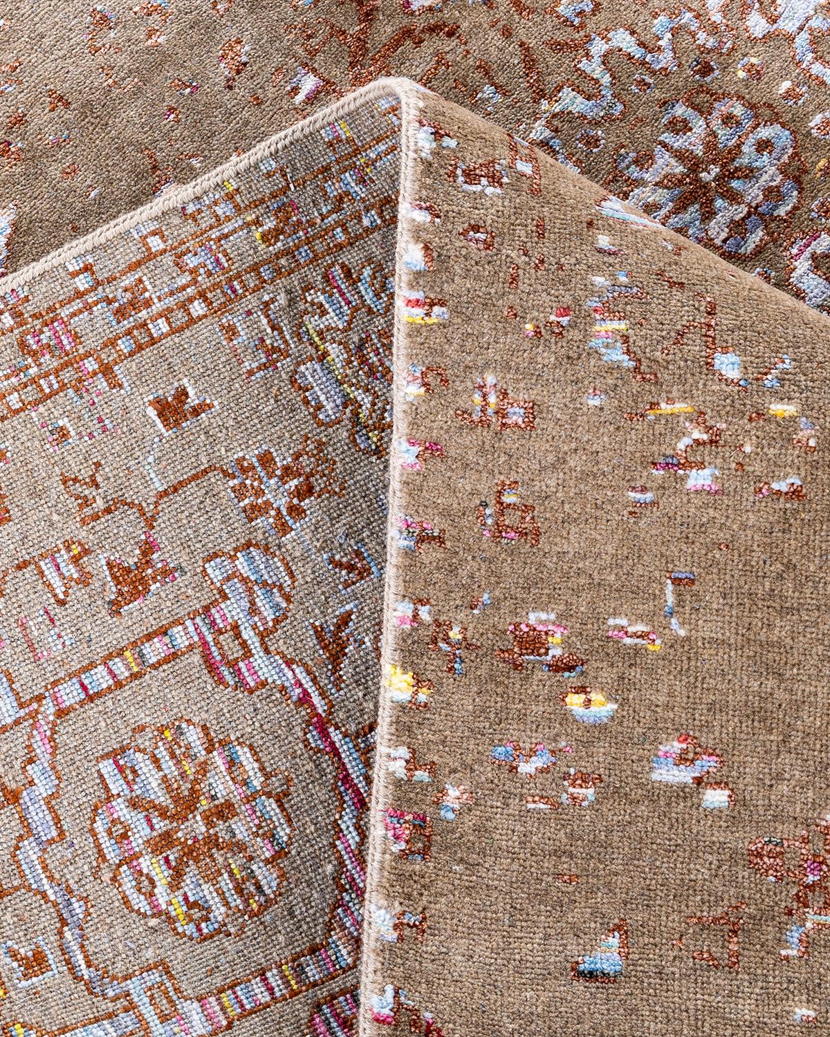 Alfombra Ikat Tradicional Anudada a Mano Abstracta de Seda y Lana Marrón 8' 0