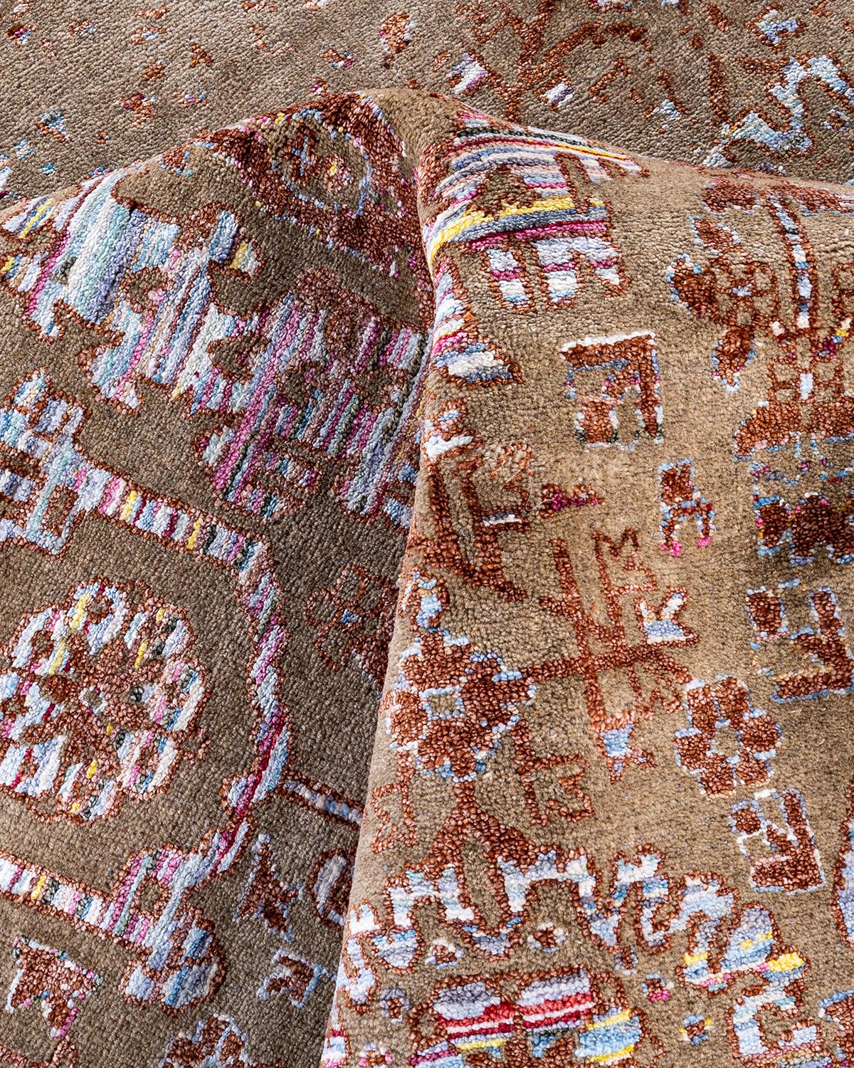 Alfombra Ikat Tradicional Anudada a Mano Abstracta de Seda y Lana Marrón 8' 0