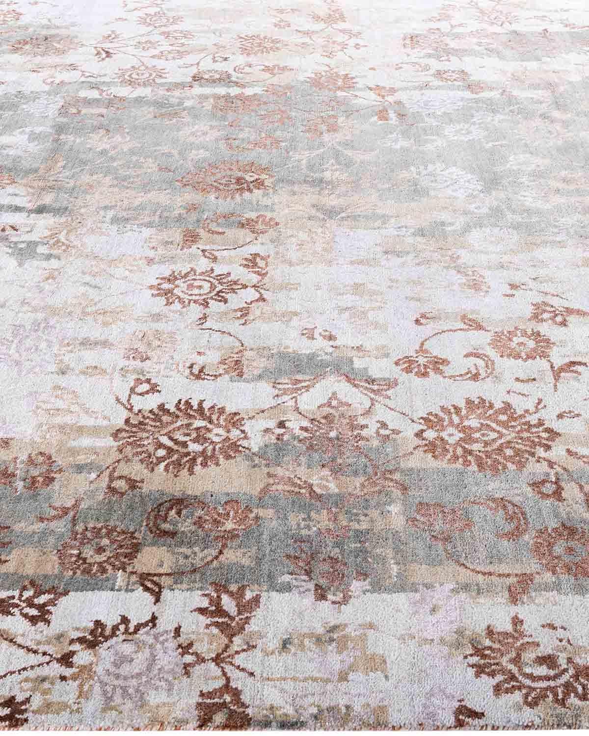 Noué à la main Traditionnel Ikat Abstrait Soie et Laine Noué à la Main Tapis de Surface Brown 8' 1