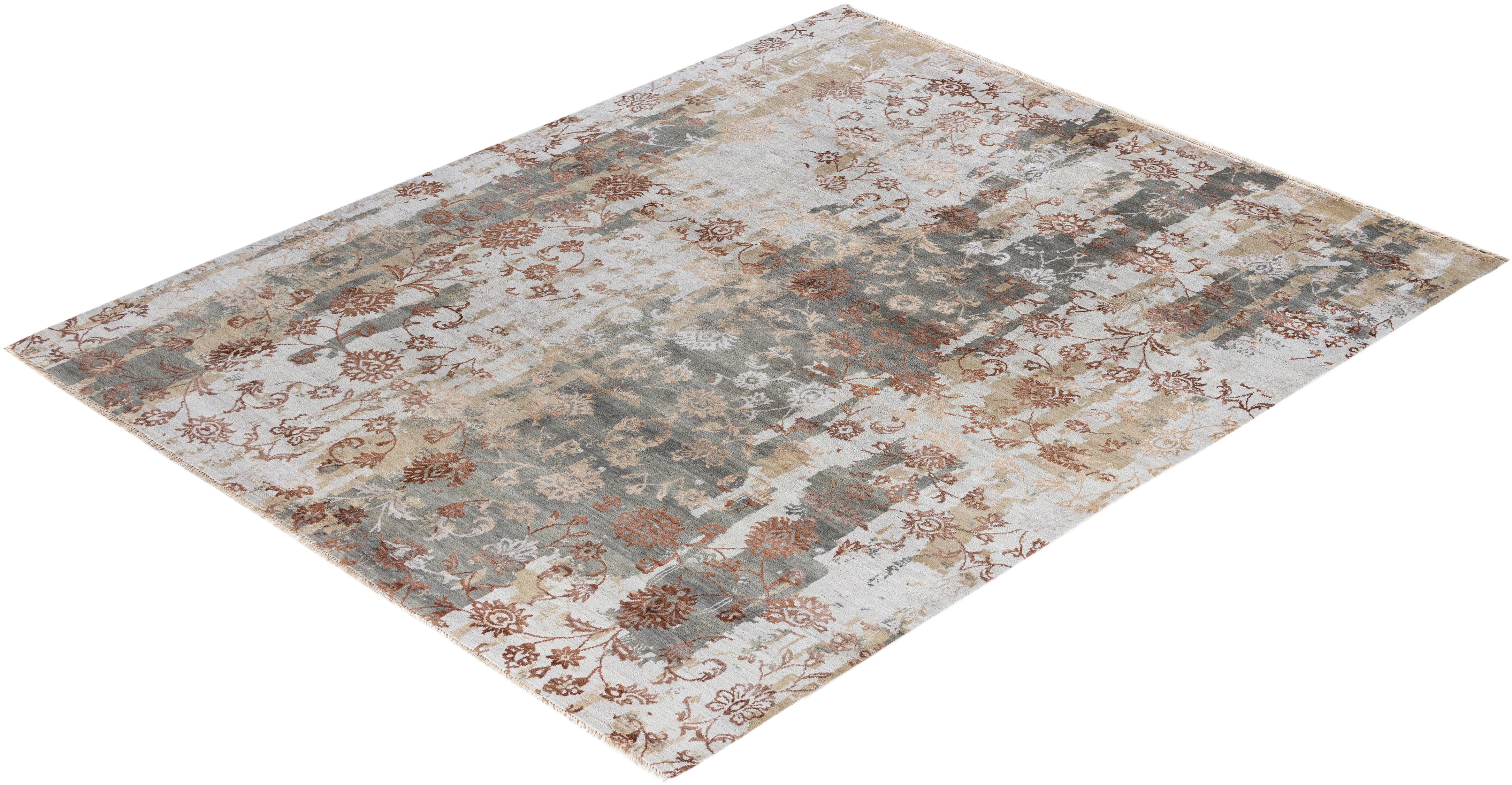Traditionnel Ikat Abstrait Soie et Laine Noué à la Main Tapis de Surface Brown 8' 1