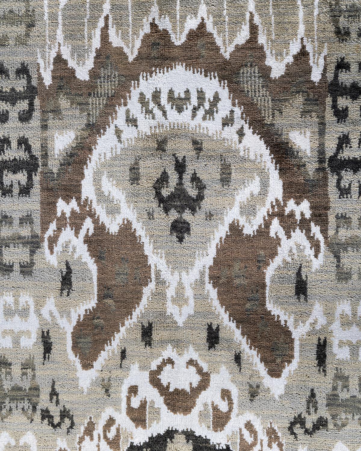 Indien Traditionnel Ikat Abstrait Soie et Laine Noué à la Main Tapis de Zone Brown 8' 10