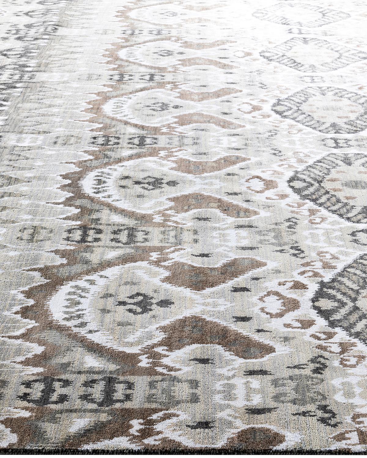 Noué à la main Traditionnel Ikat Abstrait Soie et Laine Noué à la Main Tapis de Zone Brown 8' 10